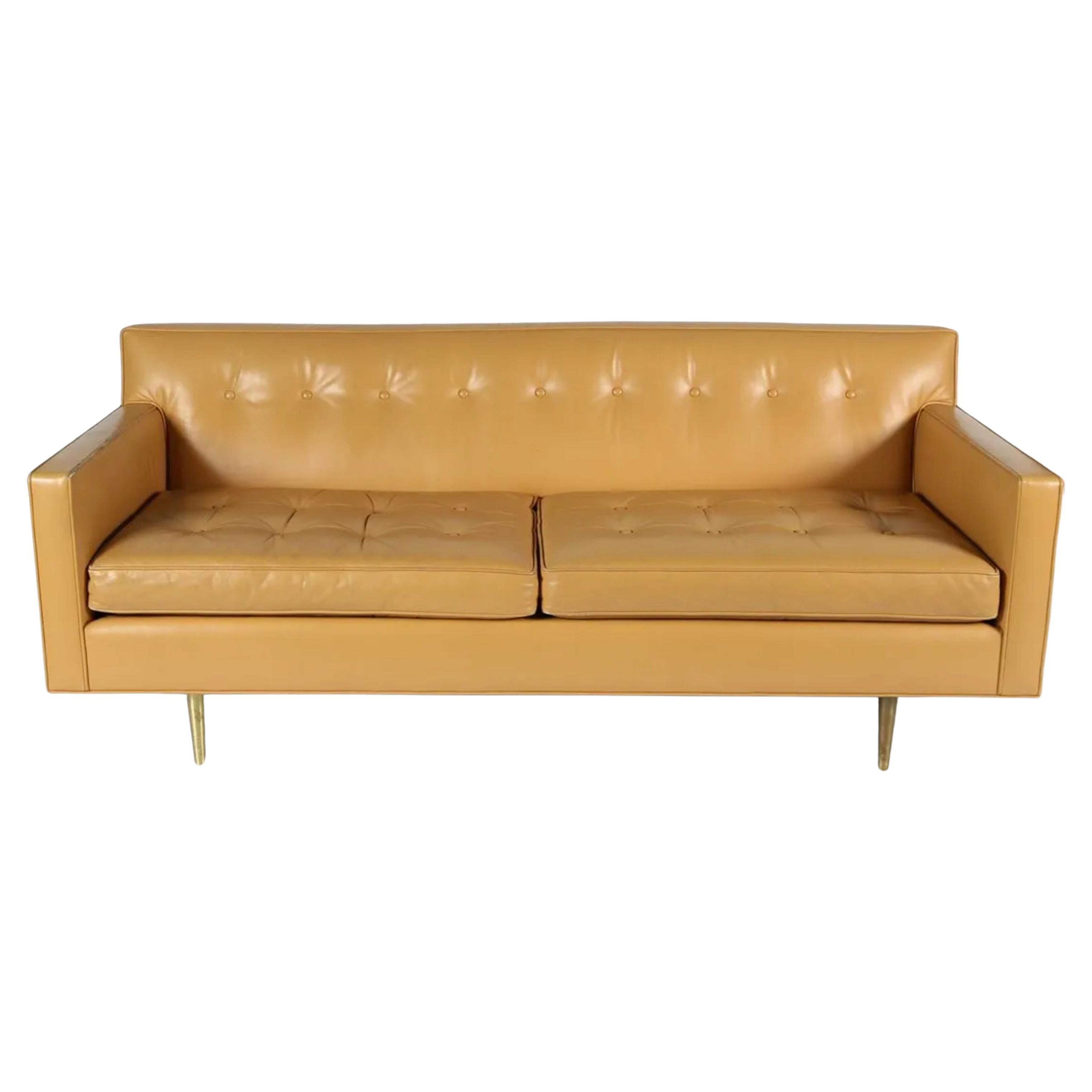 Mid Century Tan Leather loveseat sofa solid brass legs by Edward Wormley For Sale