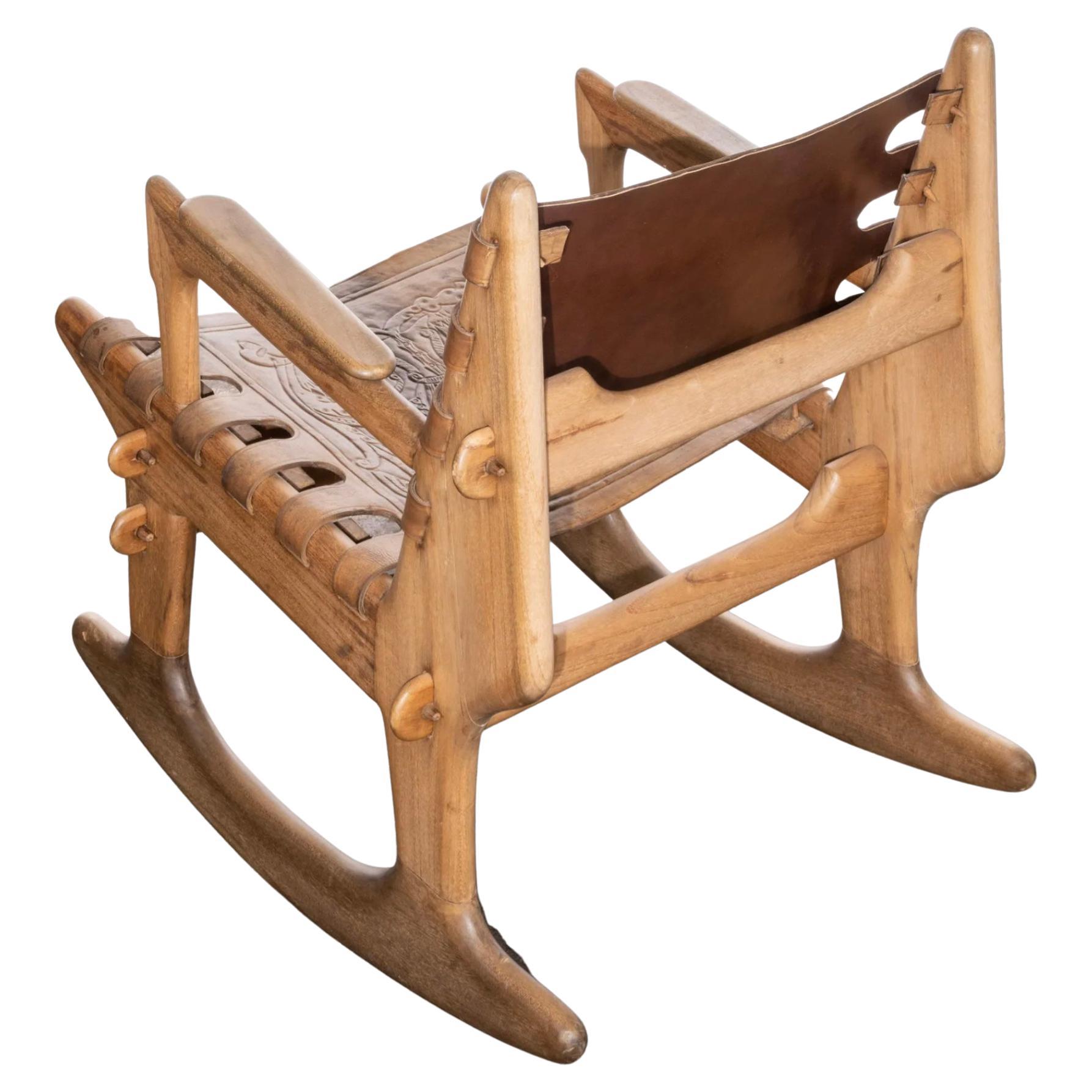Mid-Century Modern Mid Century Tan Tooled leather sling Safari rocking chair Angel Pazmino Ecuador For Sale