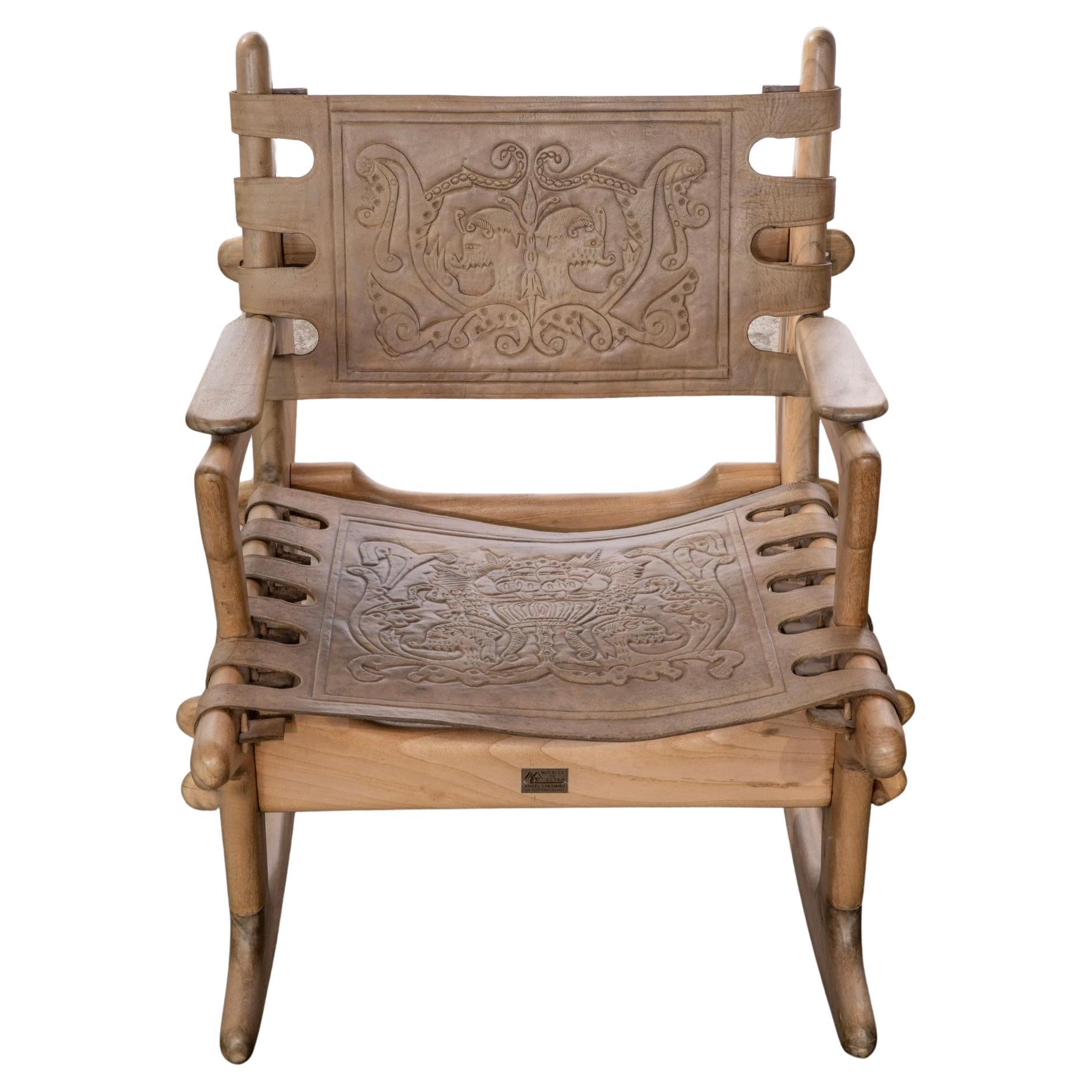 Ecuadorean Mid Century Tan Tooled leather sling Safari rocking chair Angel Pazmino Ecuador For Sale