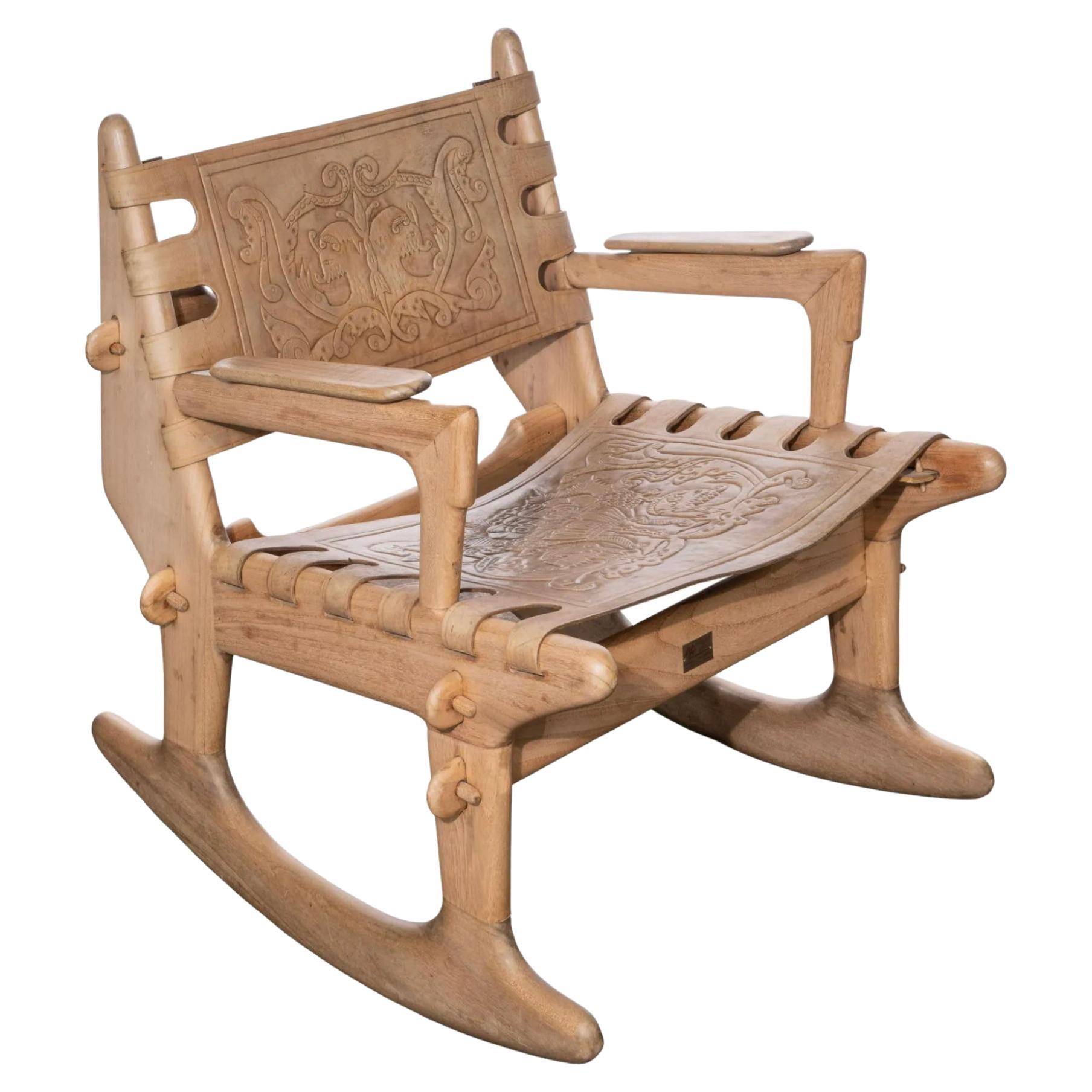 Mid Century Tan Tooled leather sling Safari rocking chair Angel Pazmino Ecuador For Sale