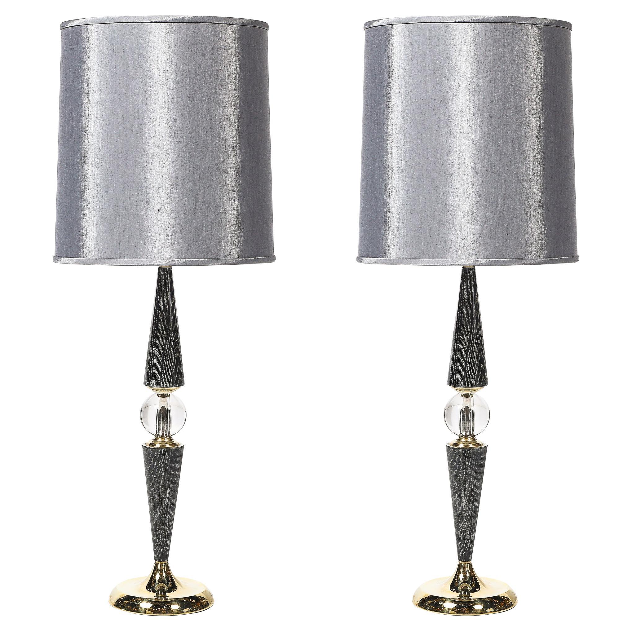 Lampes de table fuselées du milieu du siècle en laiton et noyer cérusé argenté avec détails en forme de sphère