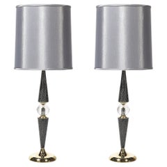 Mid-Century Tapered Brass & Silver Cerused Walnut Tischlampen w / Sphere Detail