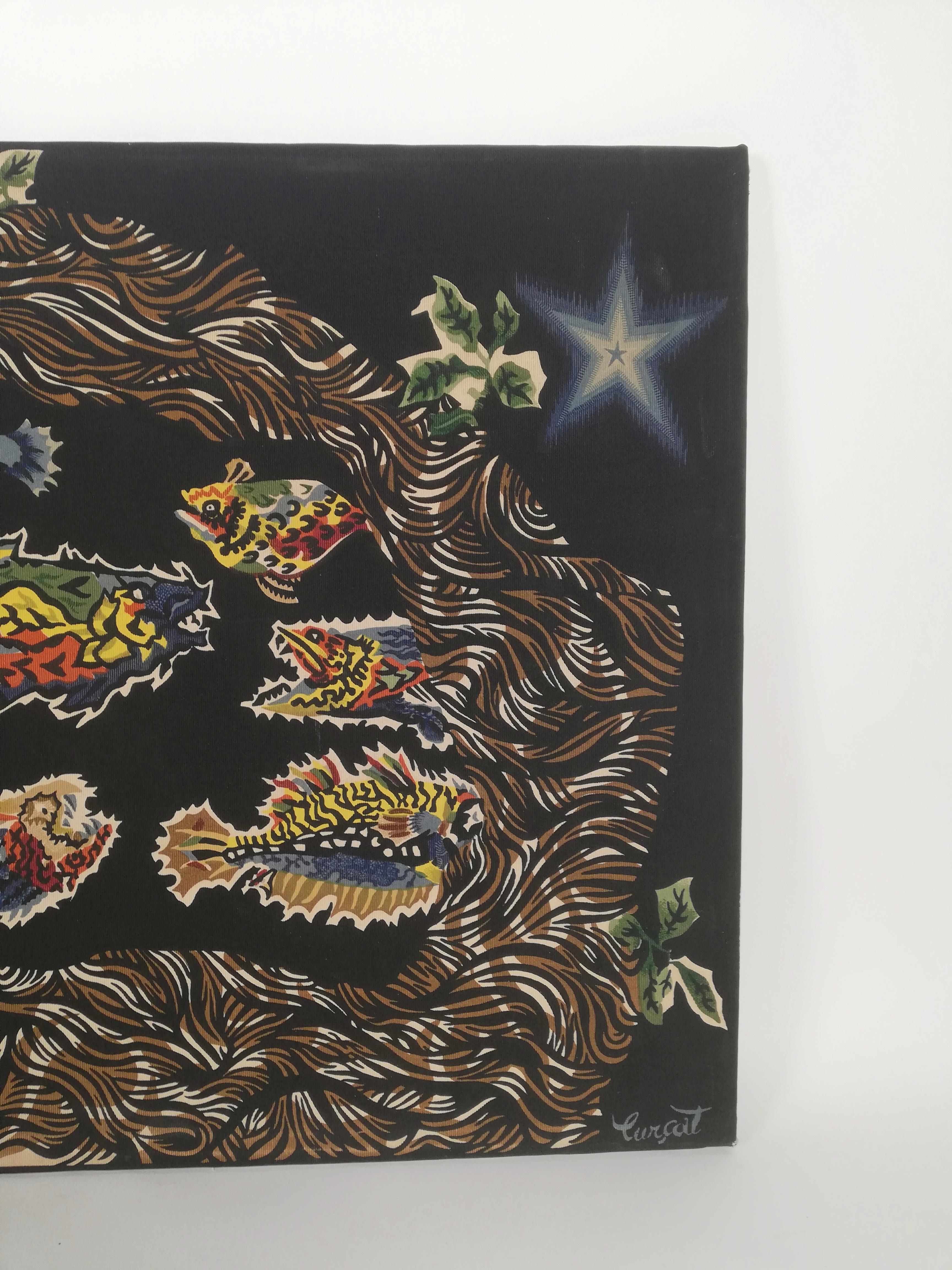 
Large  Mid Century Tapestry designed by Jean Lurcat and probably produced by Corot.
Very colorful fishes, butterflies and starfishes are depicted on a large black background.
The theme 