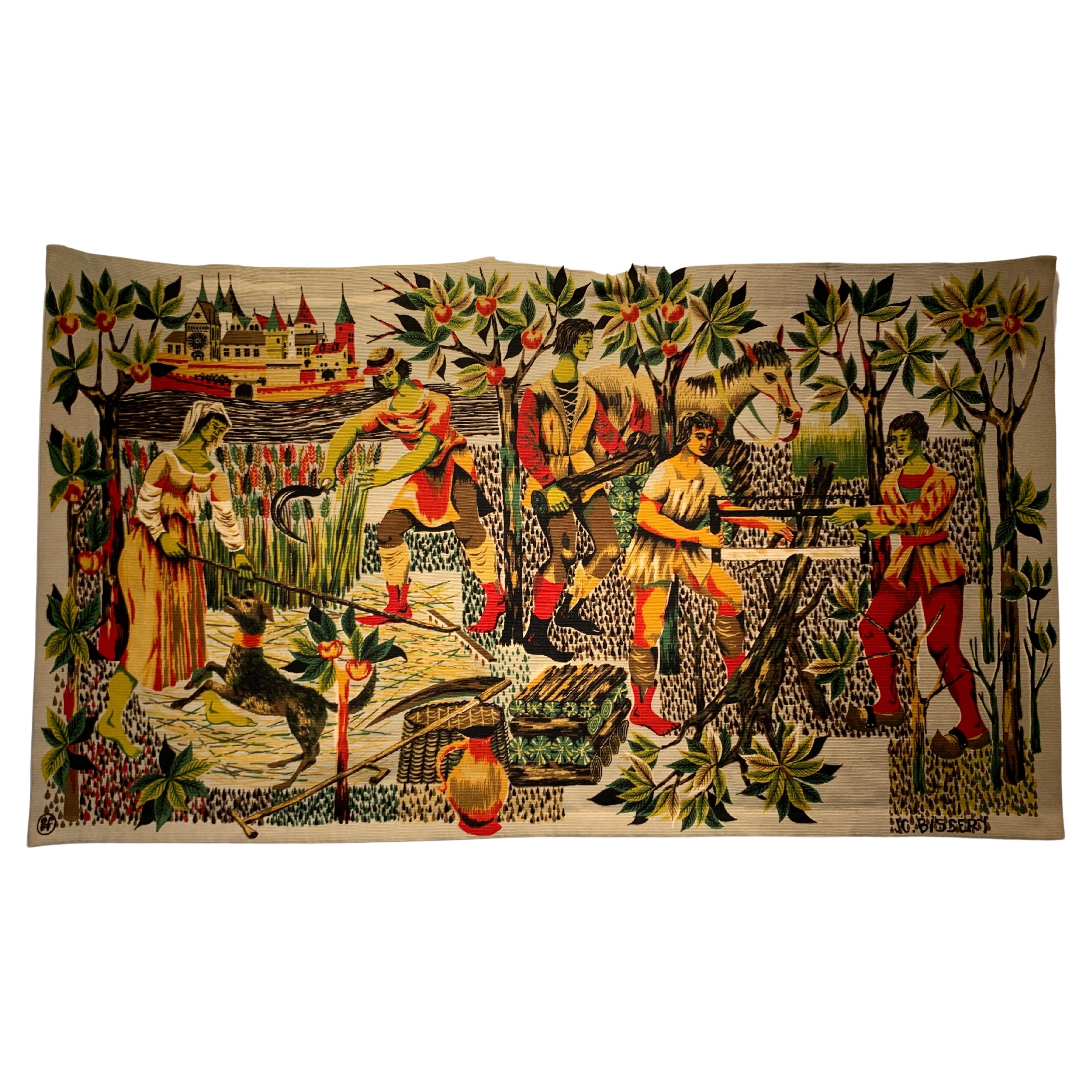 Mid-Century tapestry “Moyen-Âge”signed by Jean-Claude Bissery For Sale