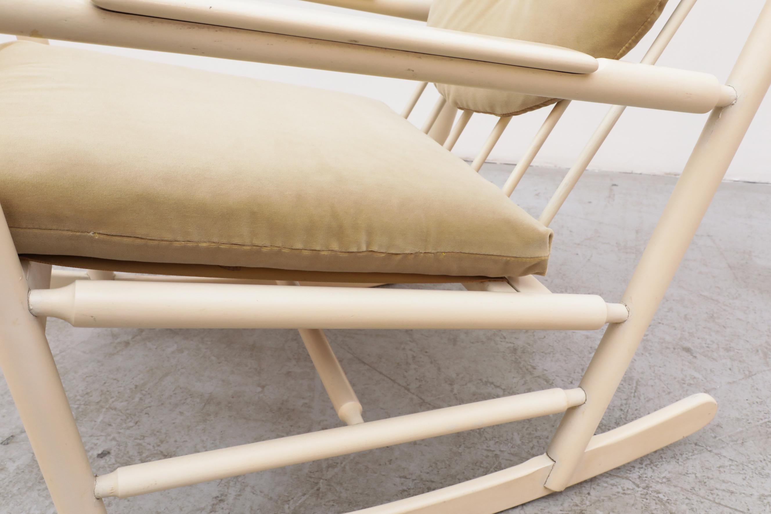 Mid-Century Tapiovaara Inspired Off-White Spindle Rocking Chair w/ Gold Cushions For Sale 3