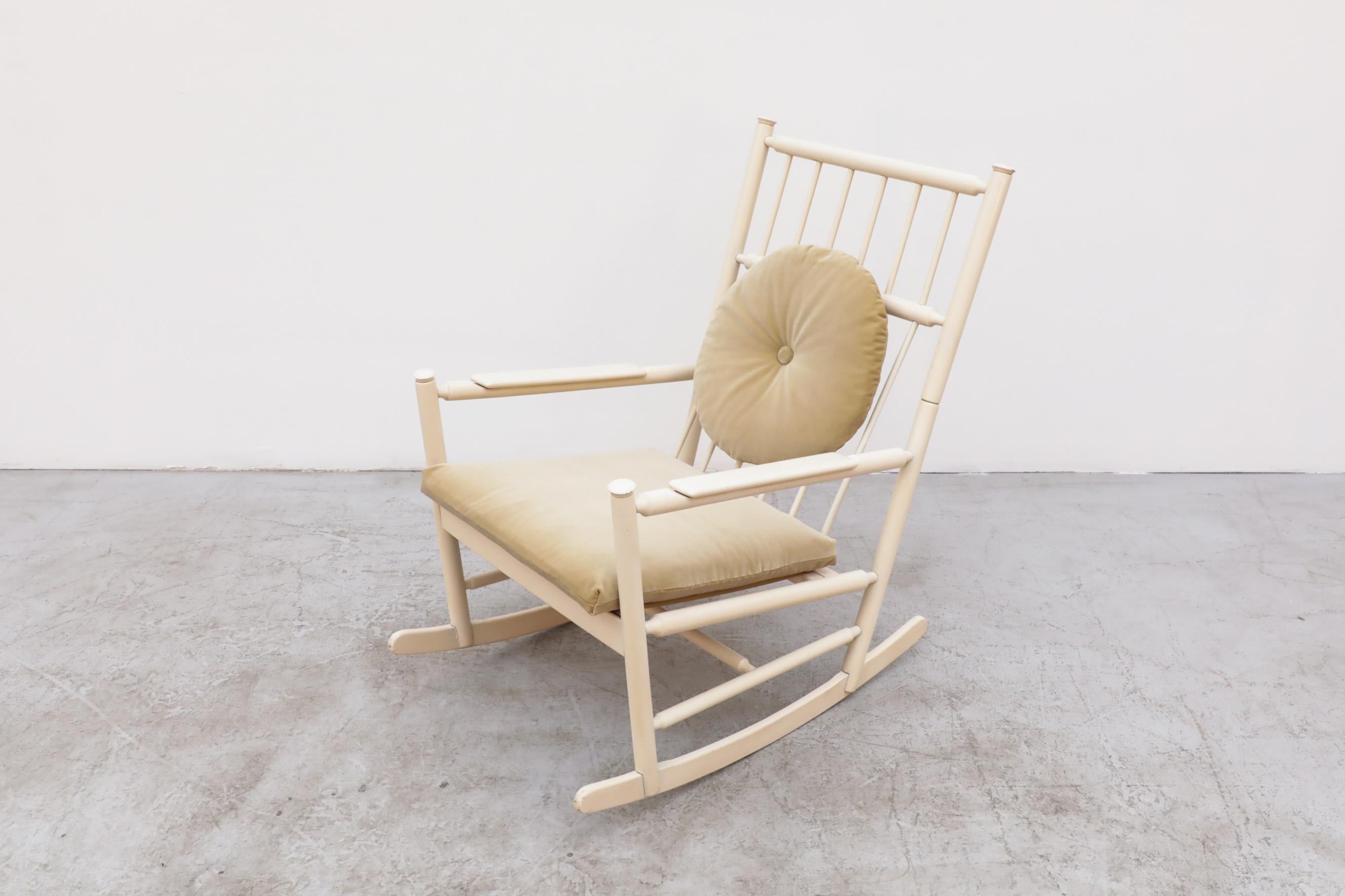 Dutch Mid-Century Tapiovaara Inspired Off-White Spindle Rocking Chair w/ Gold Cushions For Sale