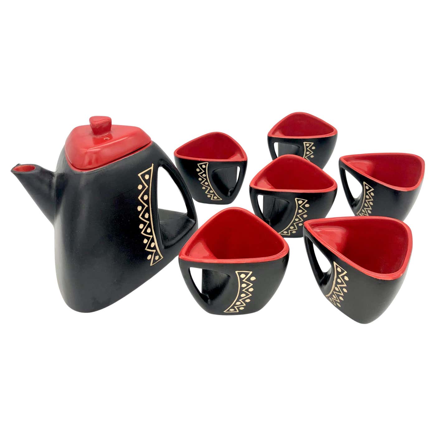 Mid-Century Tea Set Ceramic Pottery Red and Black Glaze For Sale at 1stDibs
