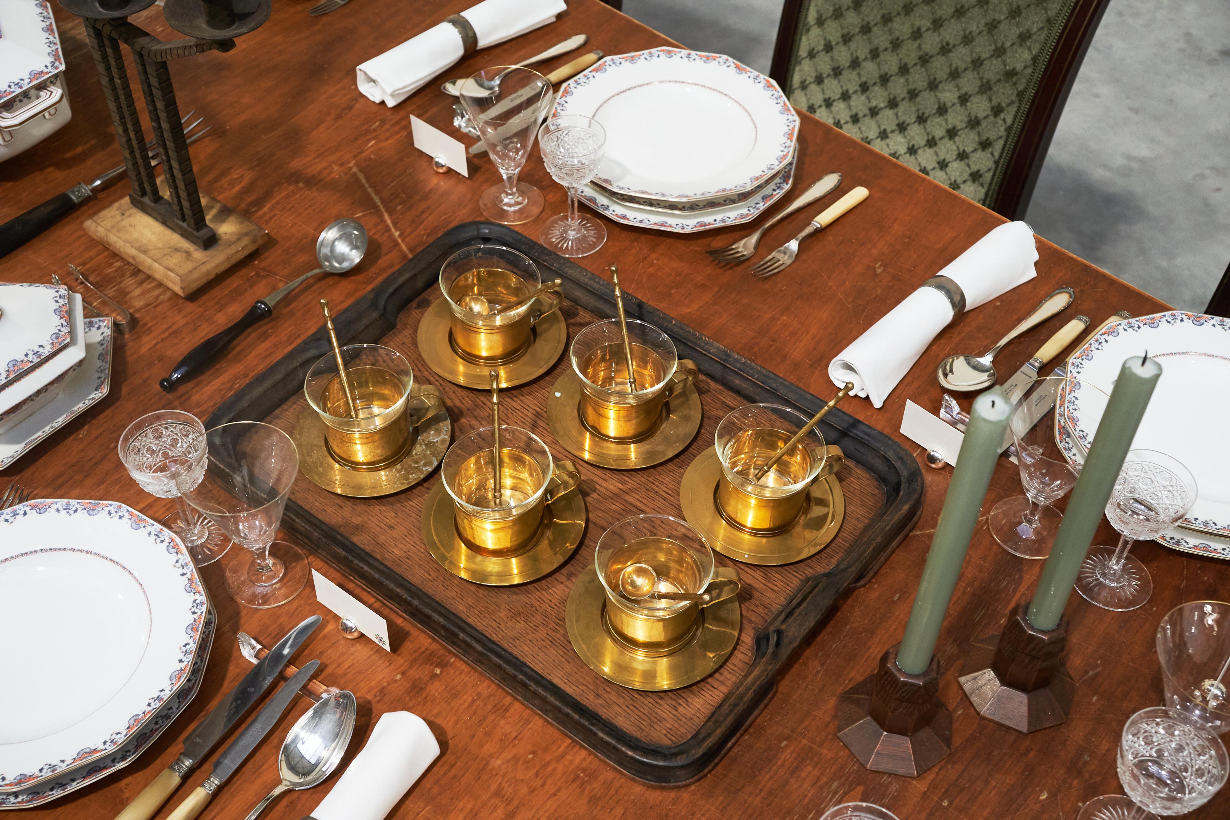 Mid-Century Modern Mid Century Tea Set in Patinated Brass and Glass For Sale