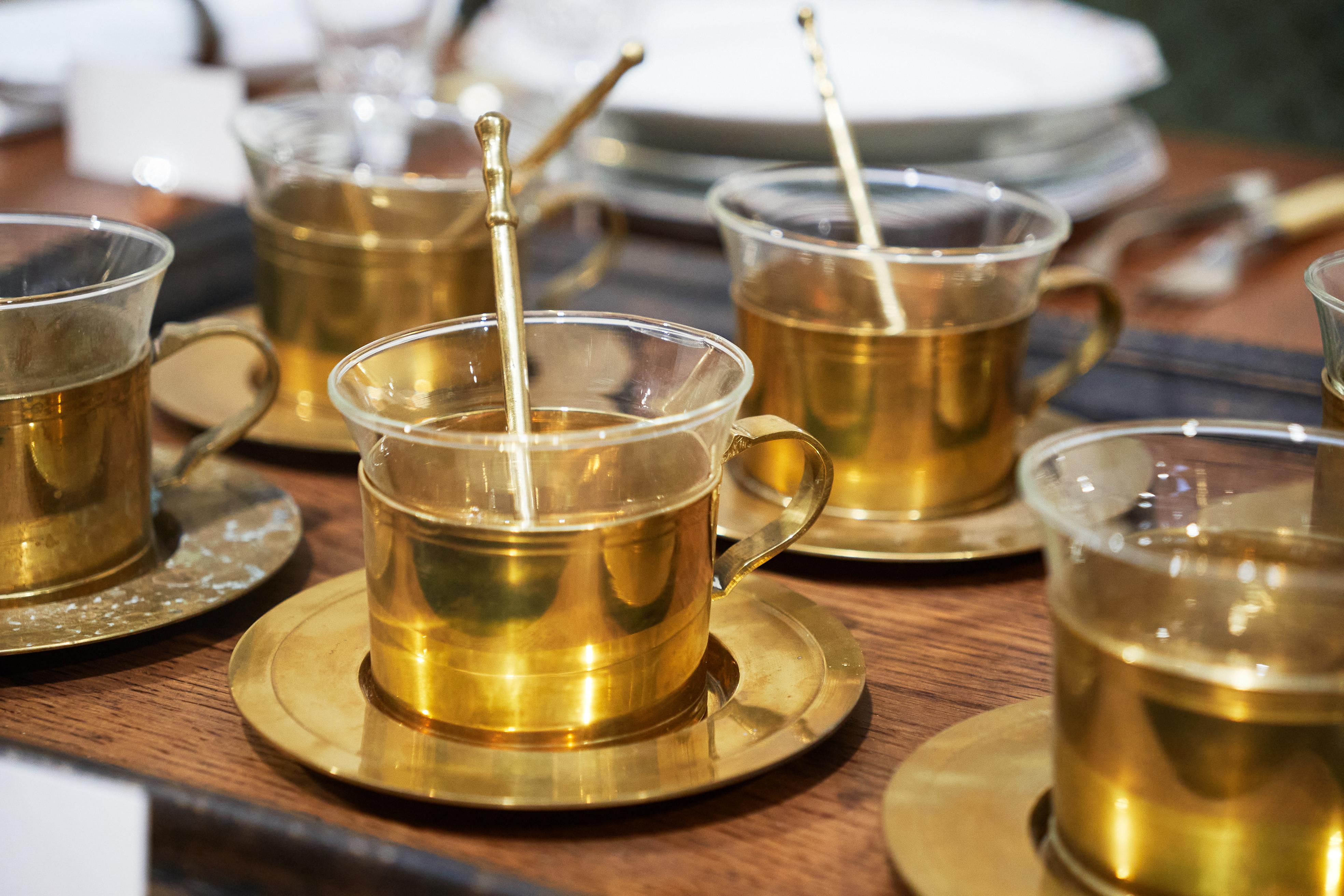 European Mid Century Tea Set in Patinated Brass and Glass For Sale