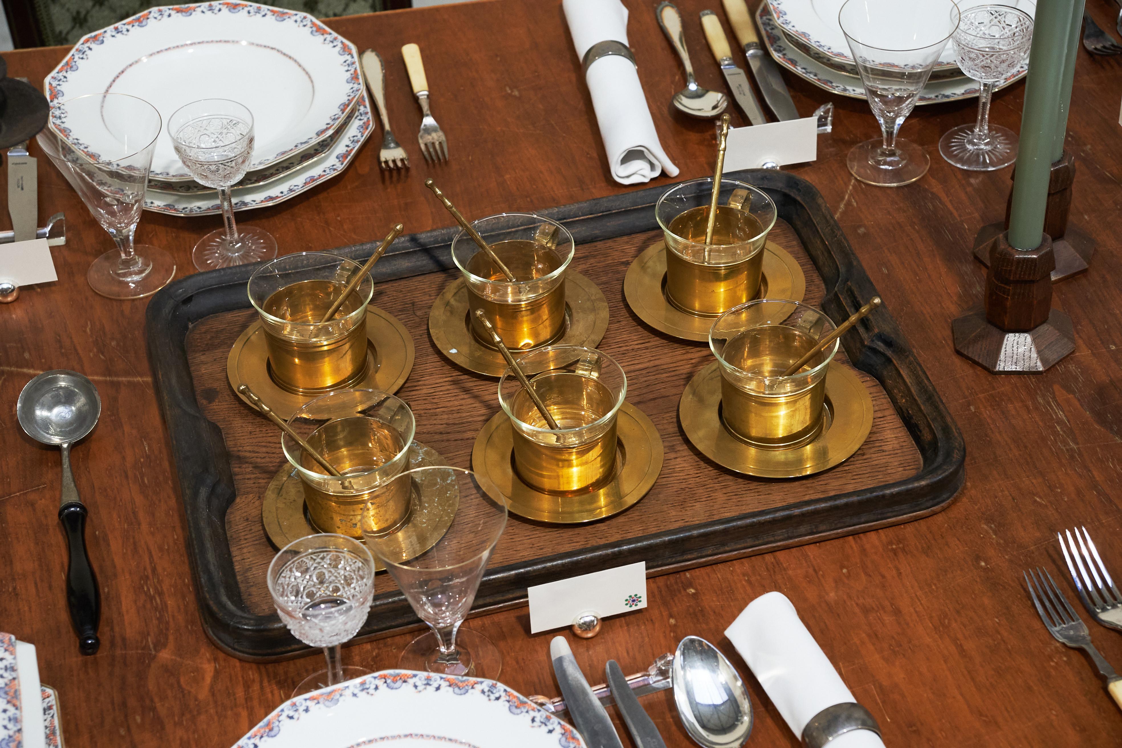 Hand-Crafted Mid Century Tea Set in Patinated Brass and Glass For Sale