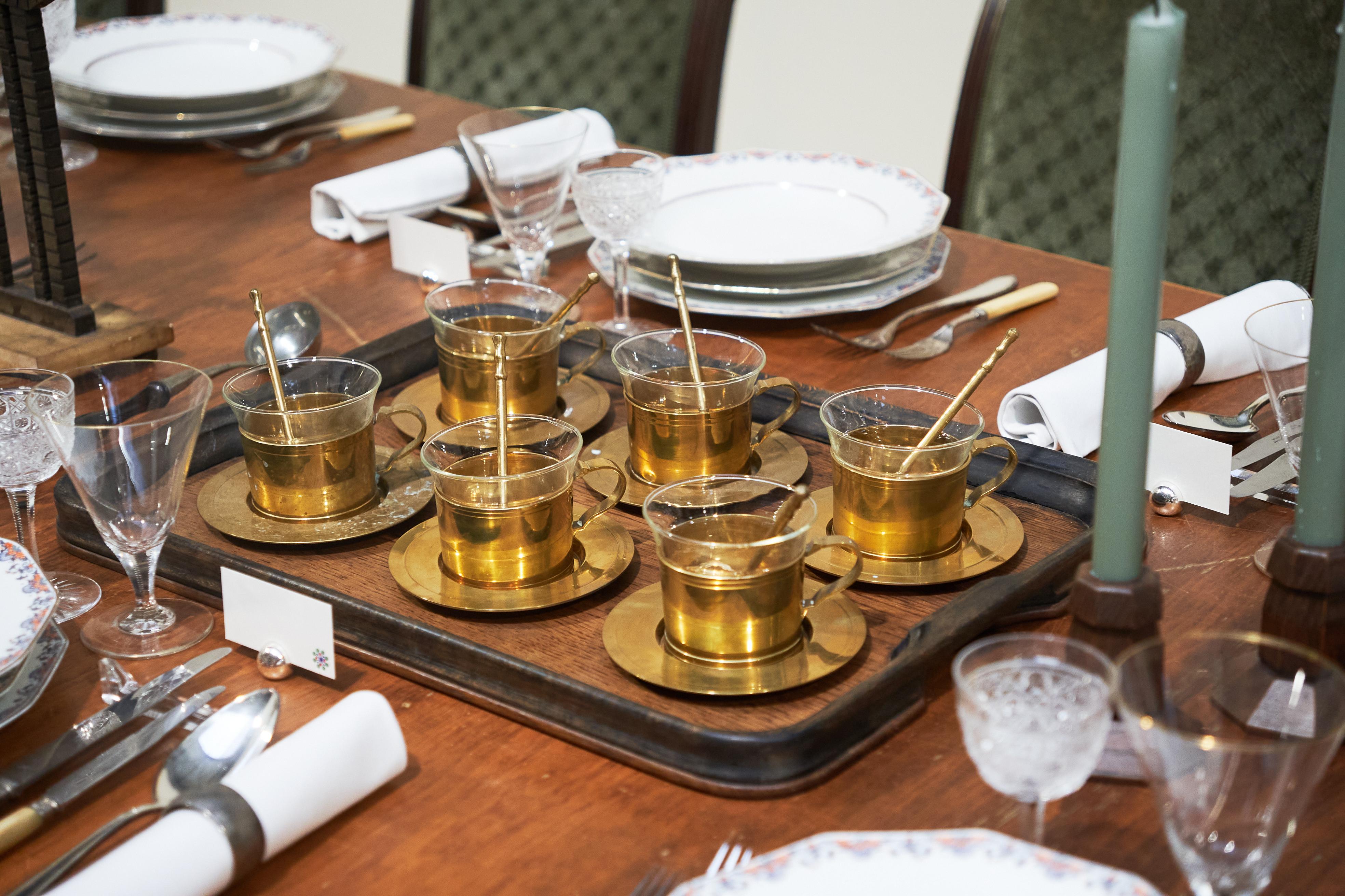 Mid Century Tea Set in Patinated Brass and Glass For Sale 2