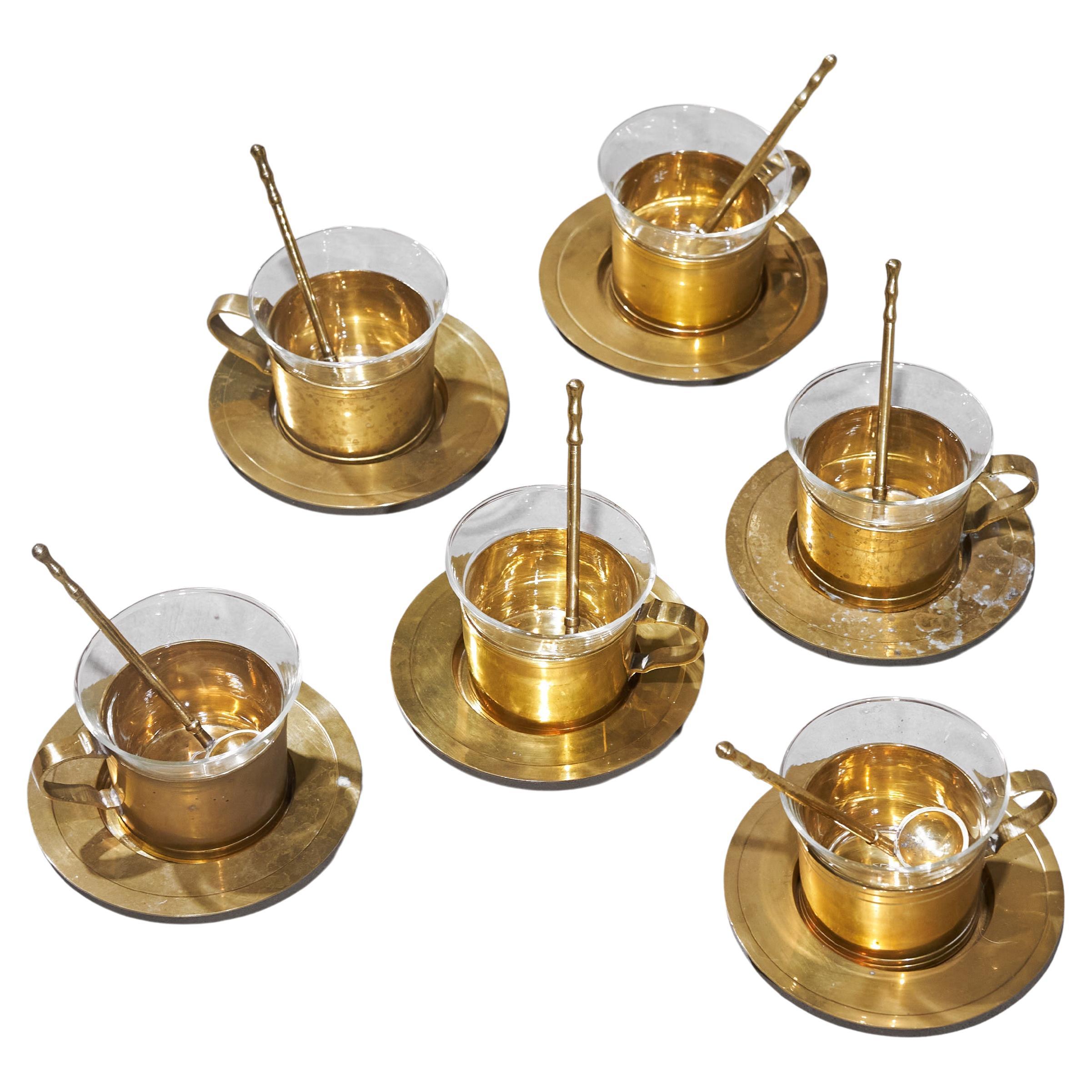 Mid Century Tea Set in Patinated Brass and Glass For Sale