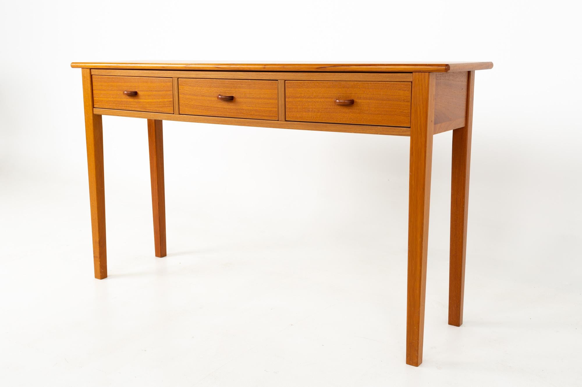 Mid century teak 3 drawer sofa table foyer entry console
This table is 51 wide x 14 deep x 29.5 inches high

All pieces of furniture can be had in what we call restored vintage condition. That means the piece is restored upon purchase so it’s