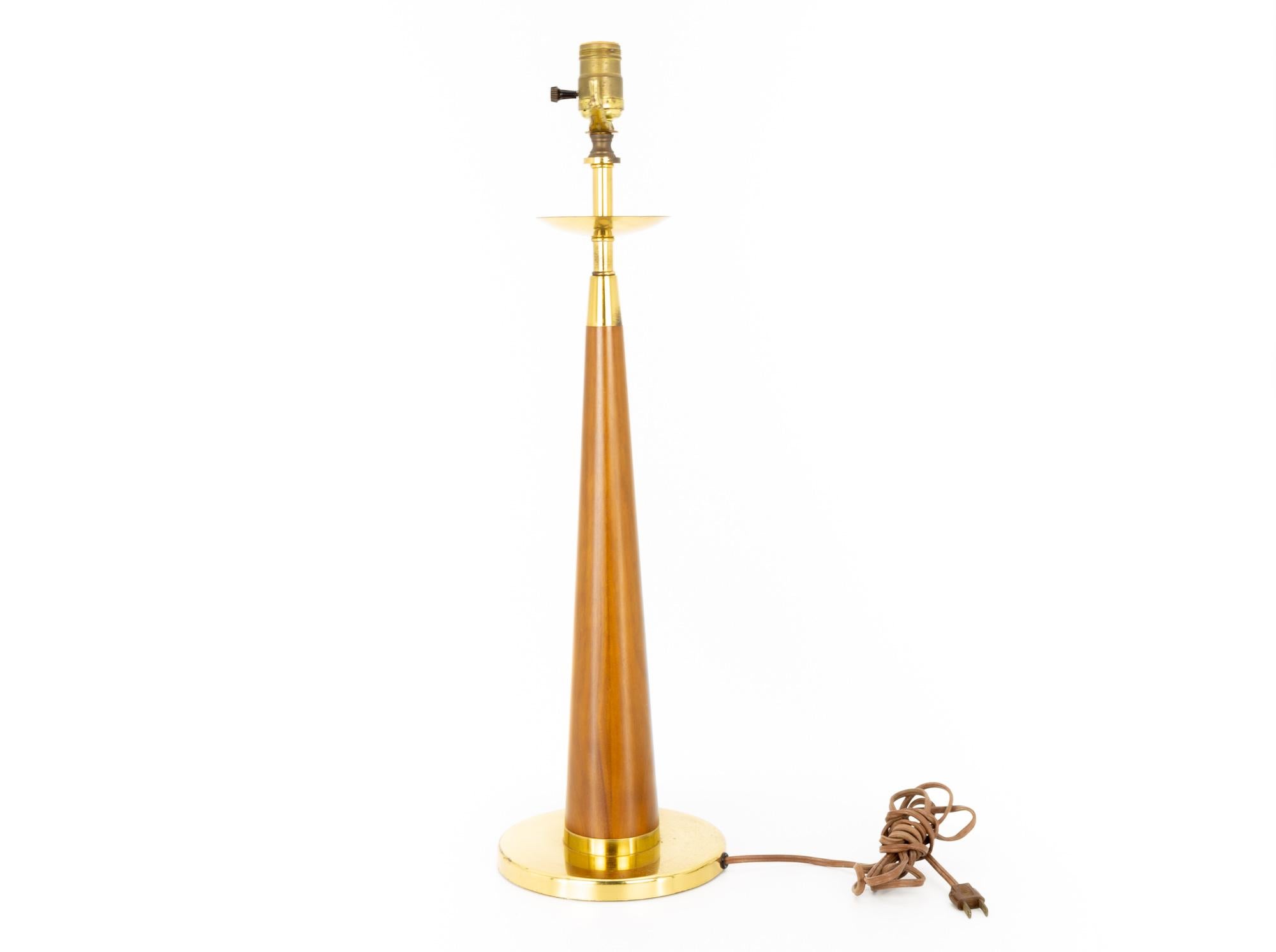 Mid-Century Modern Mid-Century Teak and Brass Cone Shaped Table Lamp For Sale