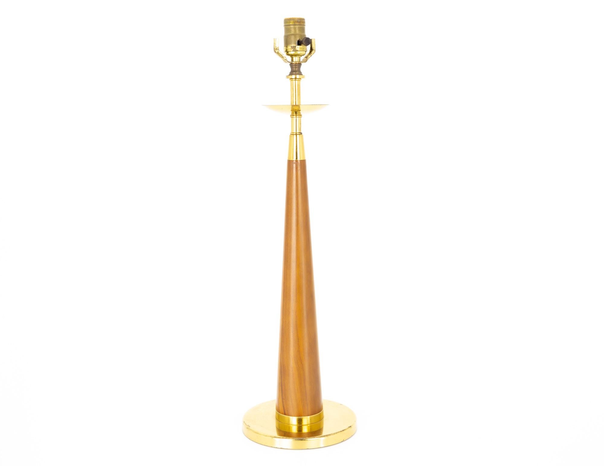 Late 20th Century Mid-Century Teak and Brass Cone Shaped Table Lamp For Sale