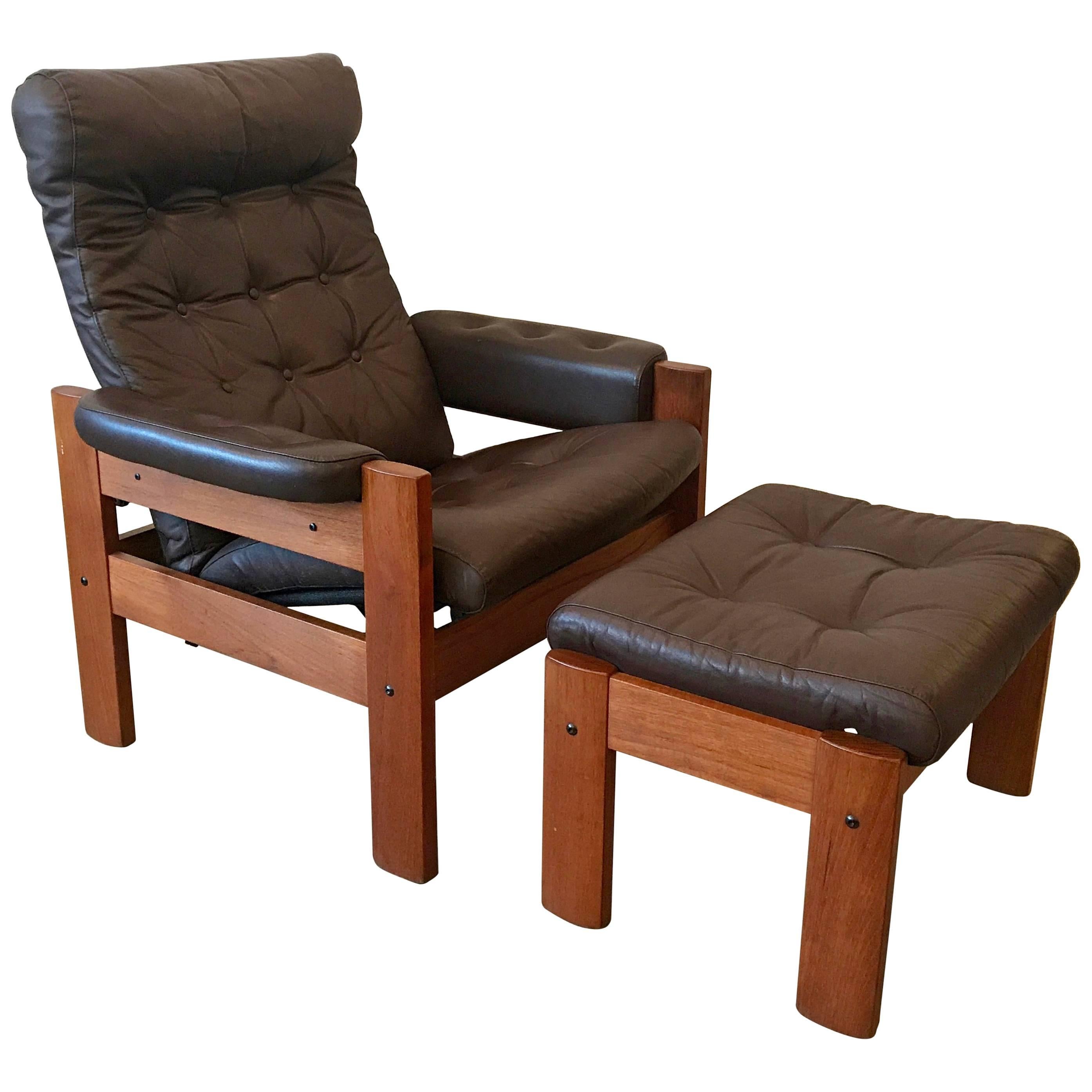 Mid Century Teak and Brown Leather Reclining Chaise Lounge and Ottoman, Germany