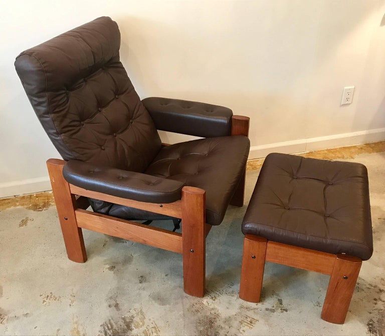 Mid Century Teak and Brown Leather Reclining Chaise Lounge and Ottoman