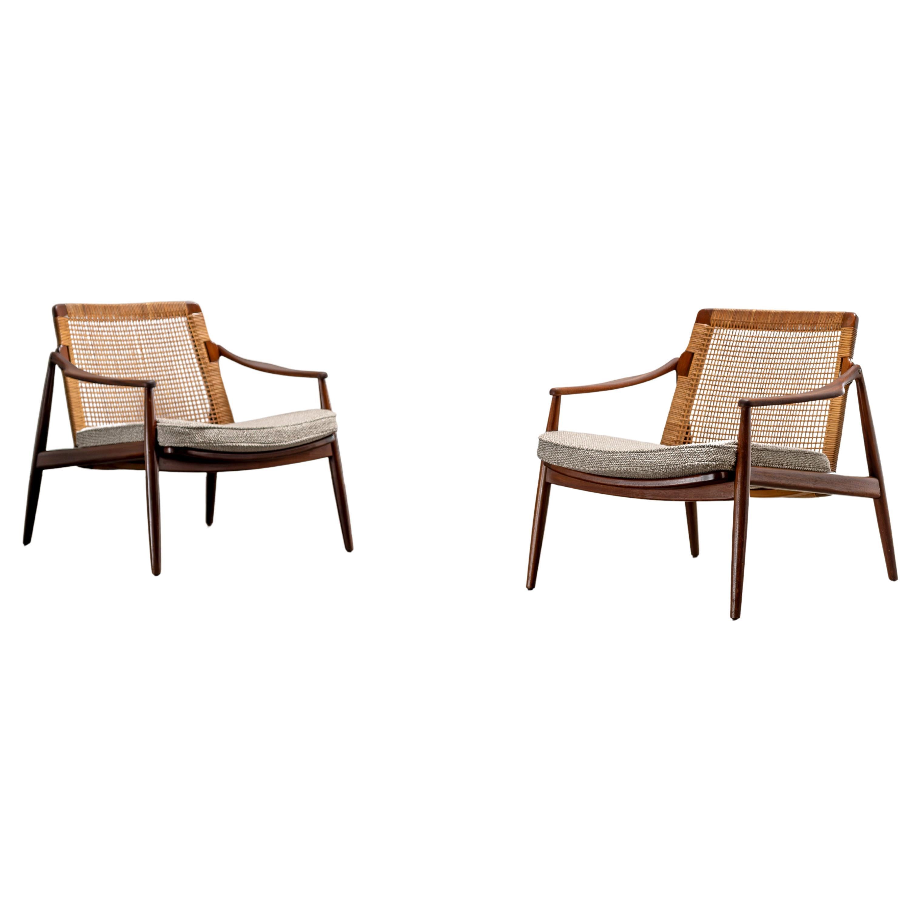 Mid-Century Teak and Cane Easy Chairs  by Hartmut Lohmeyer for Wilkhahn, 1950s