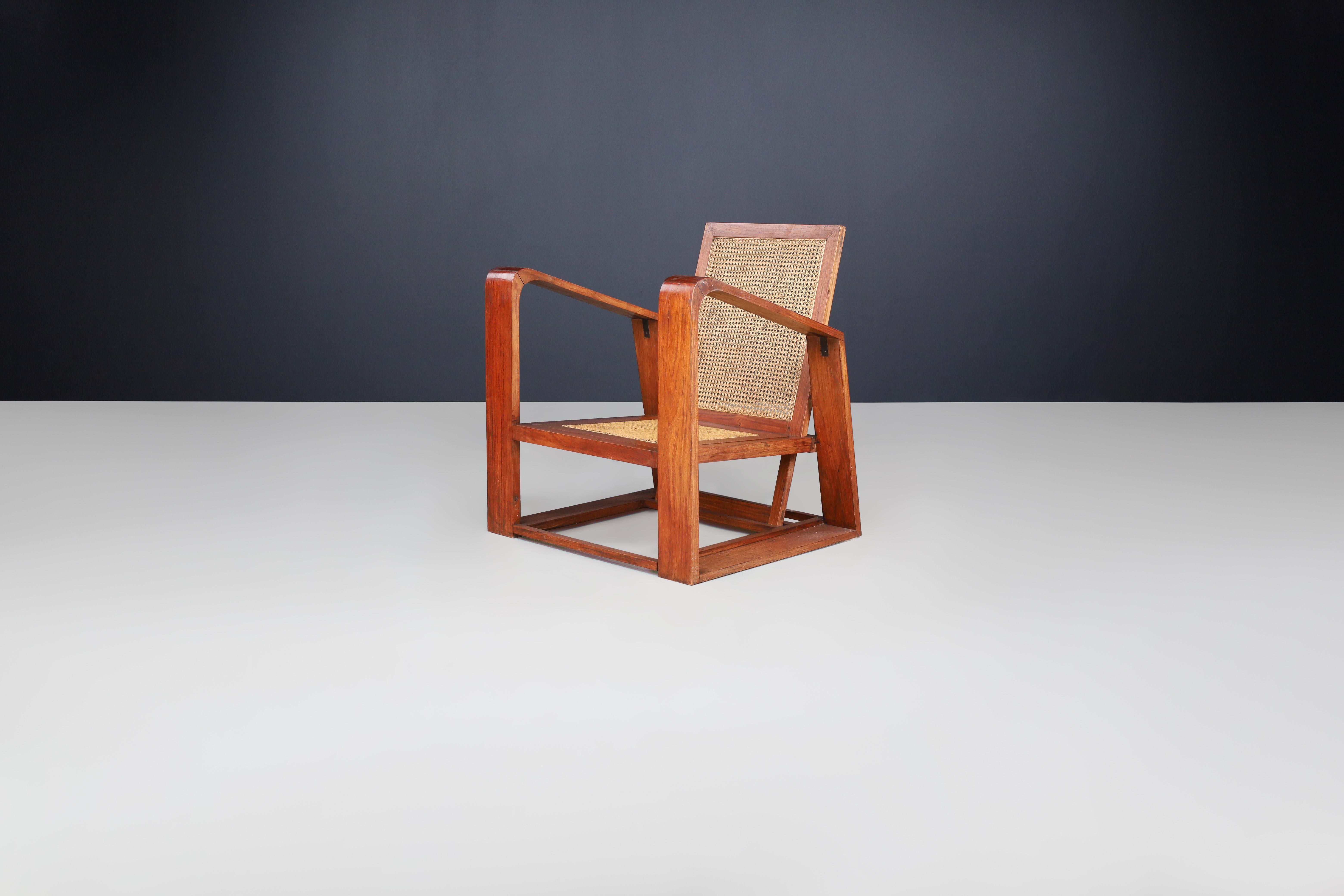 Mid-Century Modern Mid-Century Teak and Cane Lounge Chair from France, 1950s. For Sale