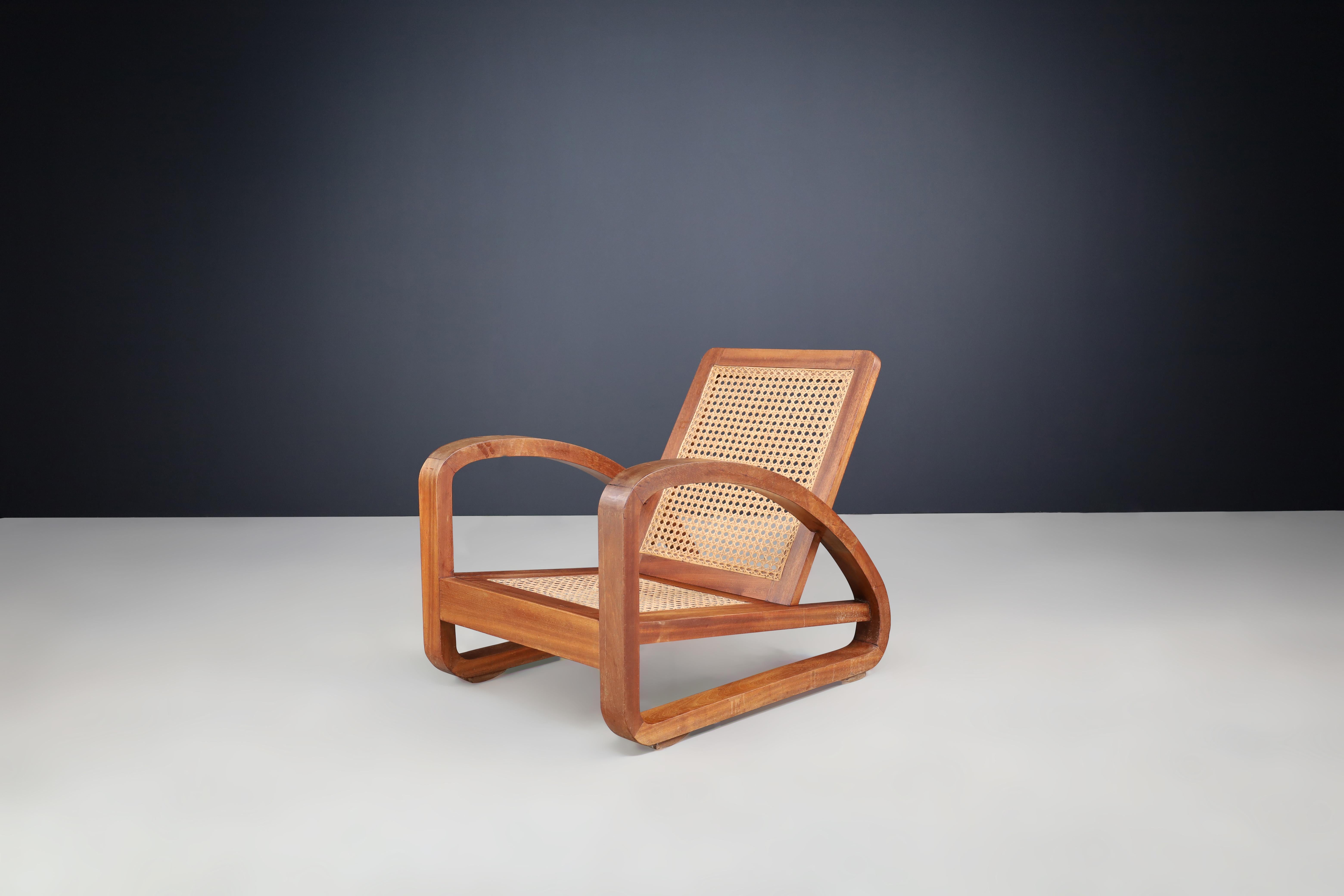 Mid-Century Modern Mid-Century Teak and Cane Lounge Chair from France, 1950s For Sale