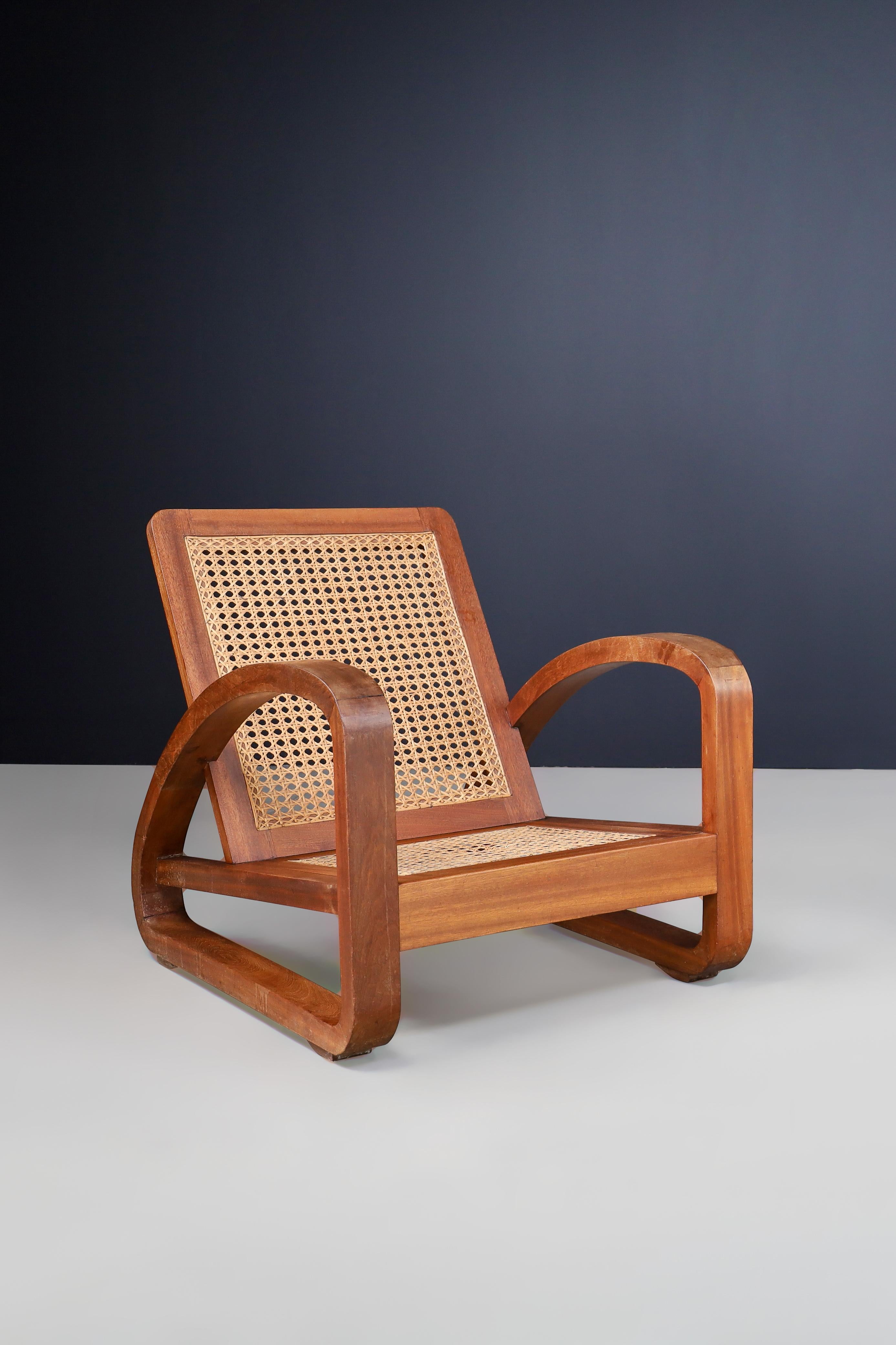 Mid-Century Teak and Cane Lounge Chair from France, 1950s For Sale 1