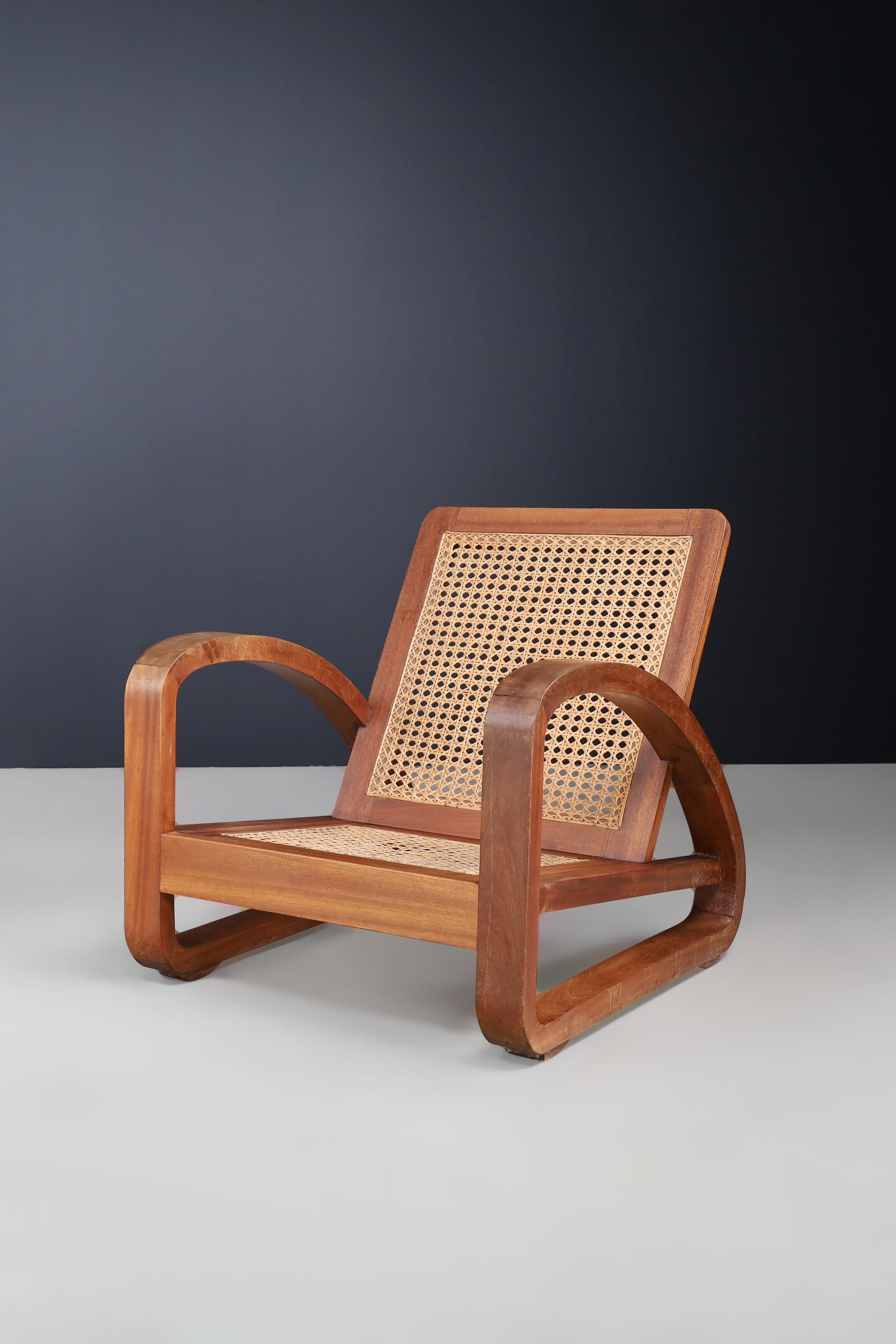 Mid-Century Teak and Cane Lounge Chair from France, 1950s For Sale 3