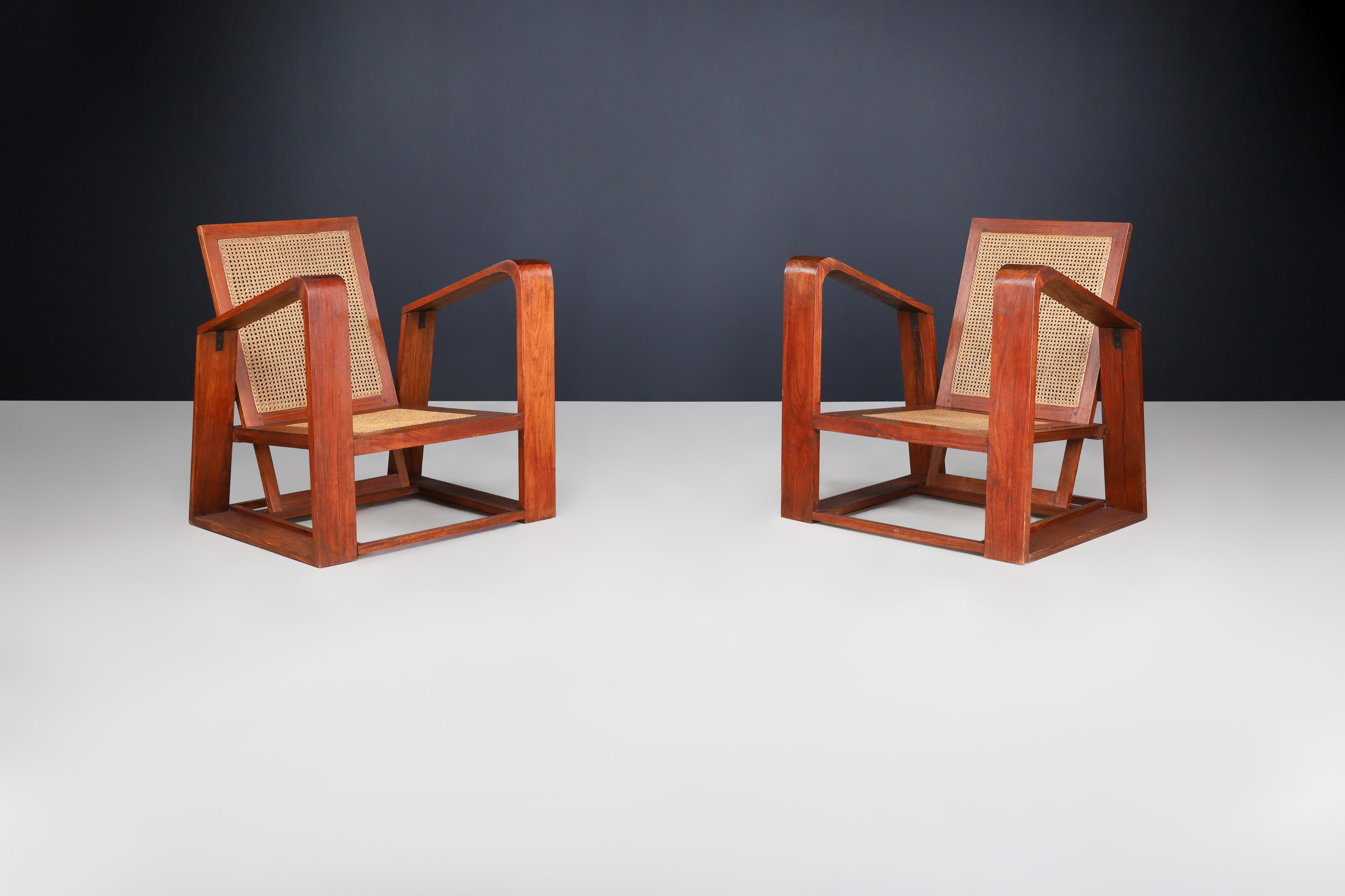Mid-Century Modern Mid-Century Teak and Cane Lounge Chairs from France, 1950s For Sale