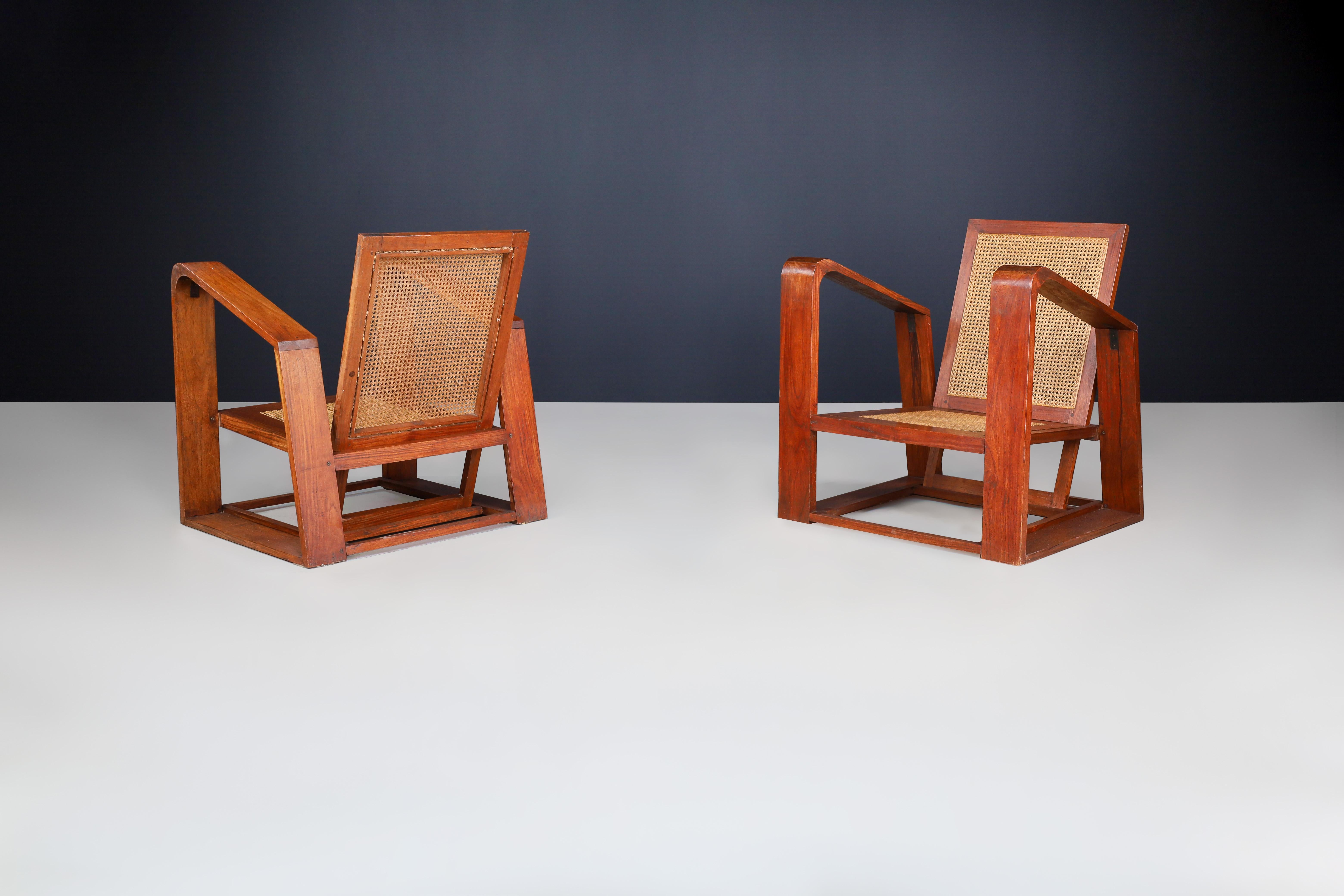 Mid-Century Teak and Cane Lounge Chairs from France, 1950s In Good Condition For Sale In Almelo, NL