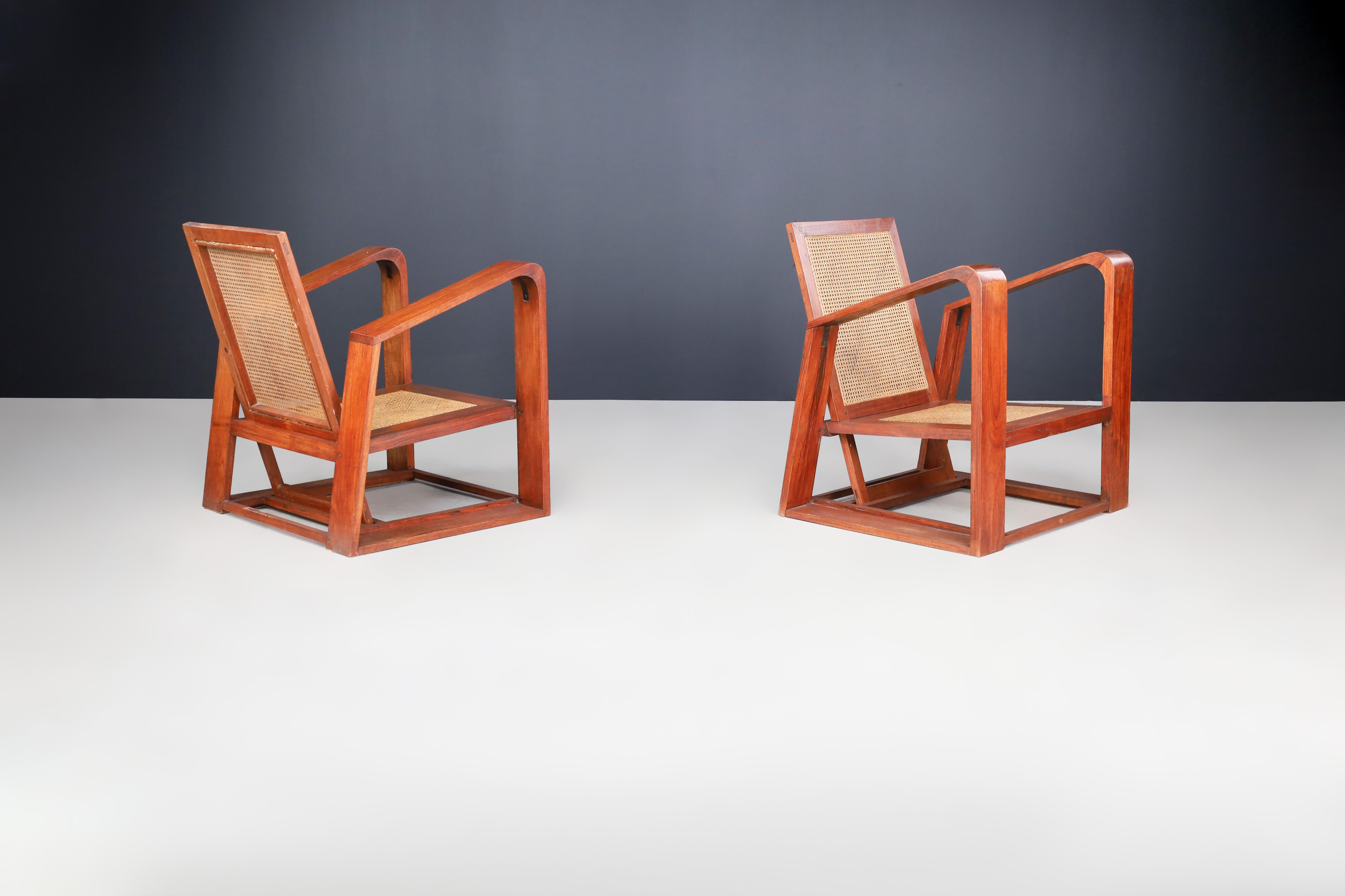 20th Century Mid-Century Teak and Cane Lounge Chairs from France, 1950s For Sale
