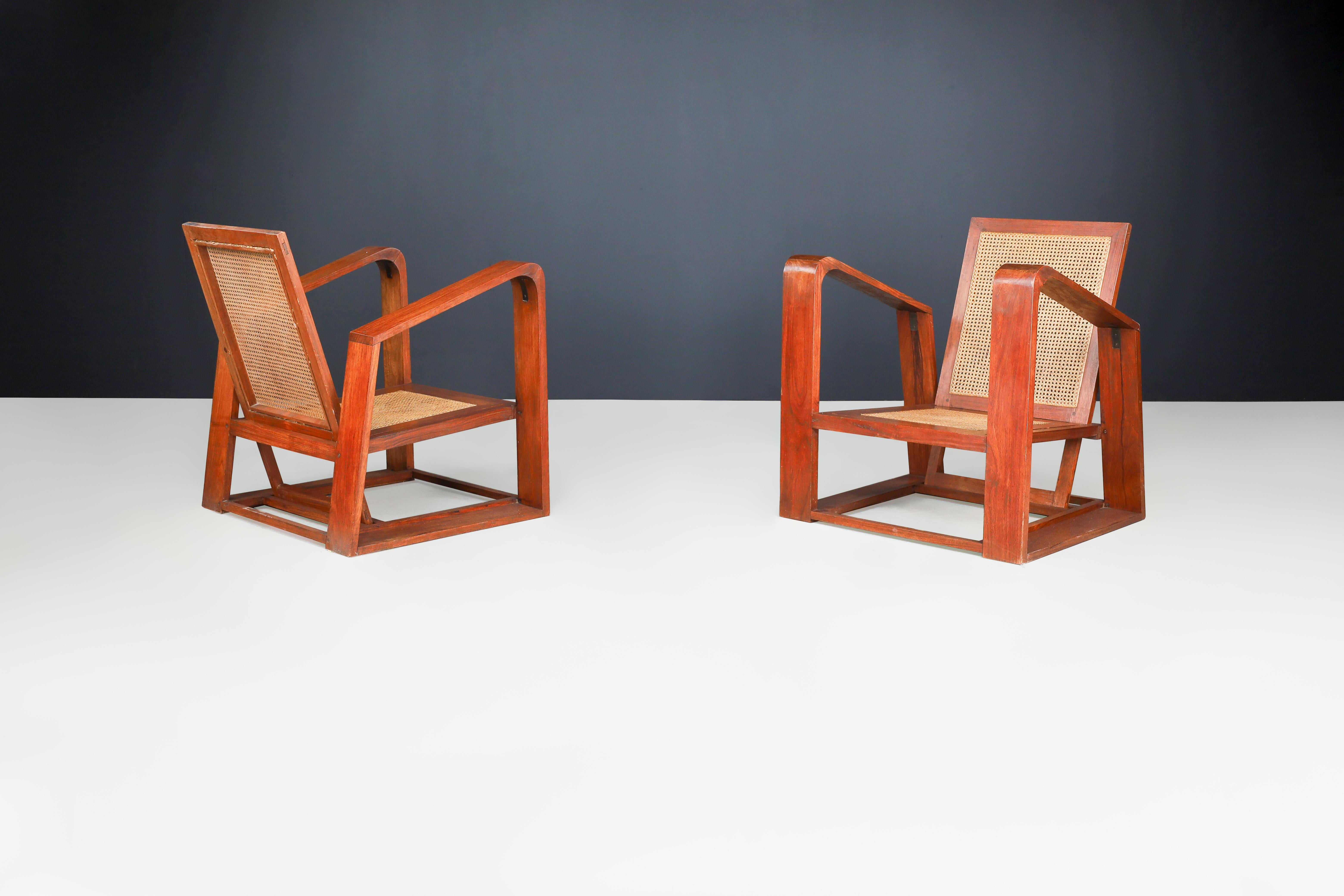 Mid-Century Teak and Cane Lounge Chairs from France, 1950s For Sale 1
