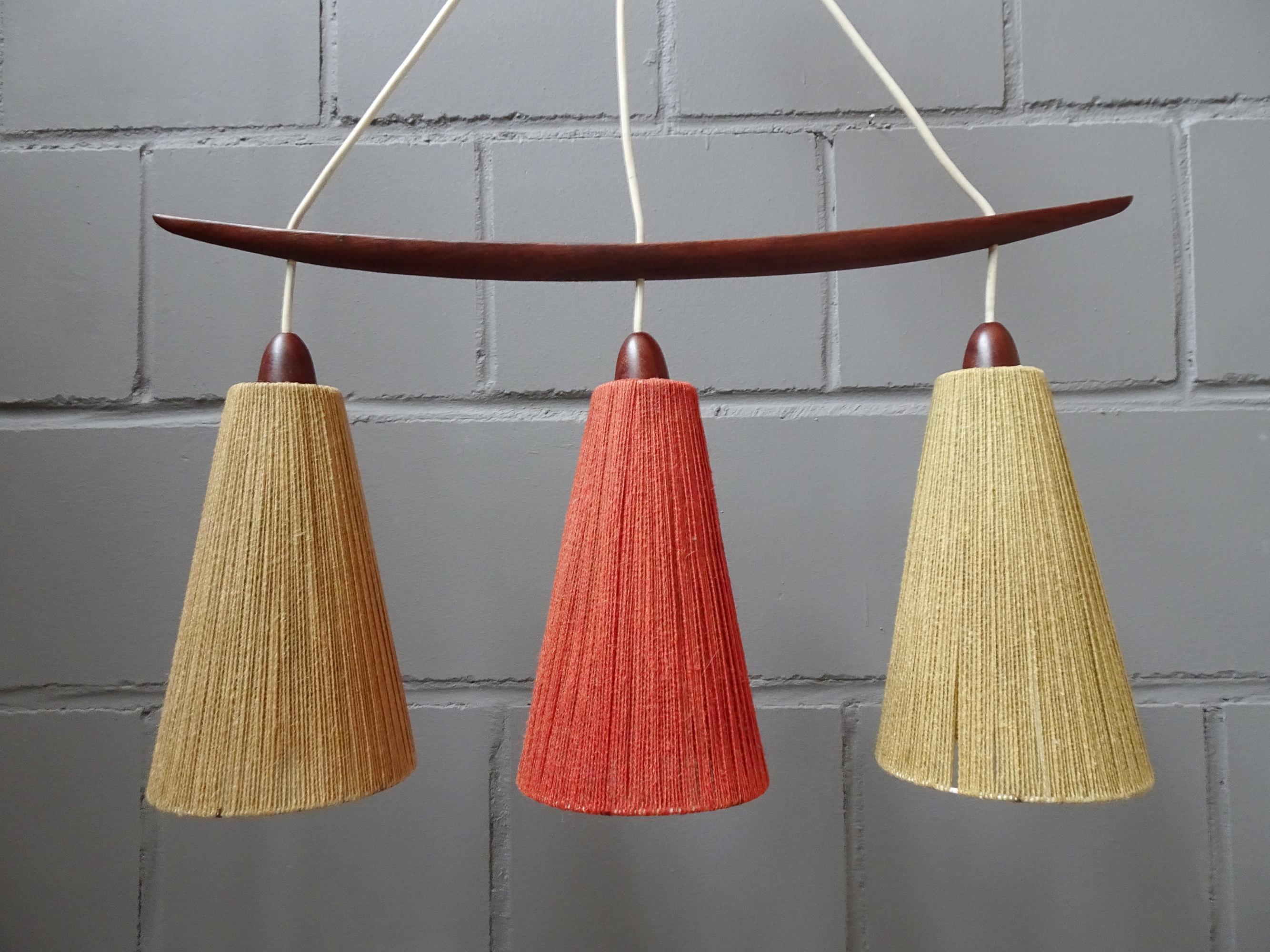Midcentury Teak and Cord Shade Chandelier by Temde, Germany, 1960 For Sale 4