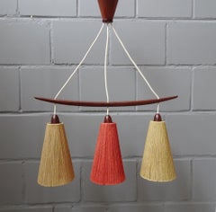 Lampadario di metà secolo in teak e paralume in corda di Temde, Germania, 1960