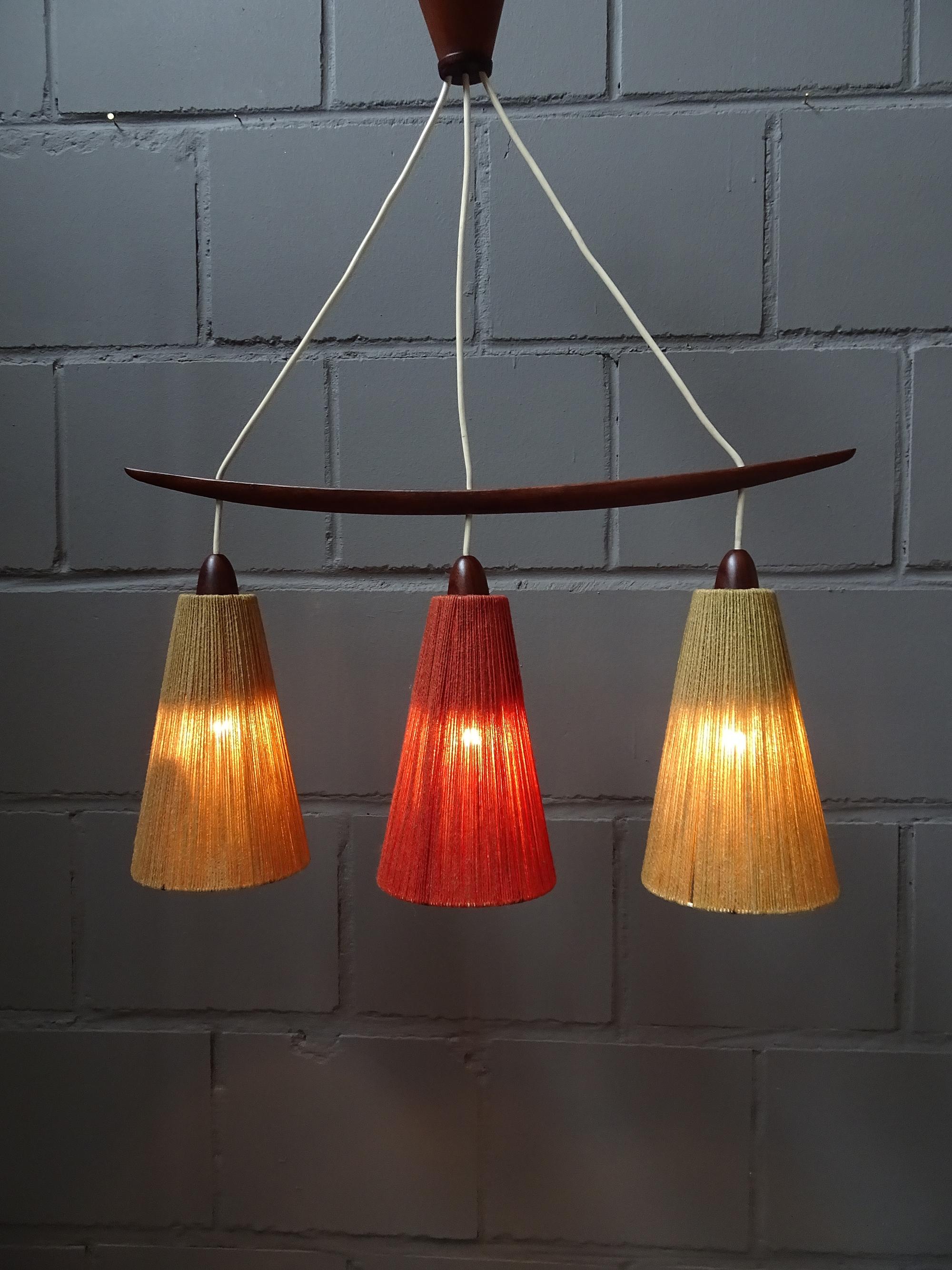 Mid-Century Modern Midcentury Teak and Cord Shade Chandelier by Temde, Germany, 1960 For Sale