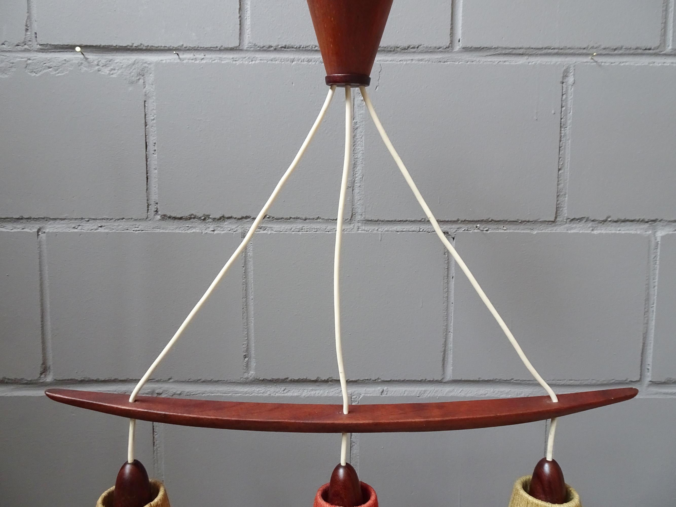 Plated Midcentury Teak and Cord Shade Chandelier by Temde, Germany, 1960 For Sale