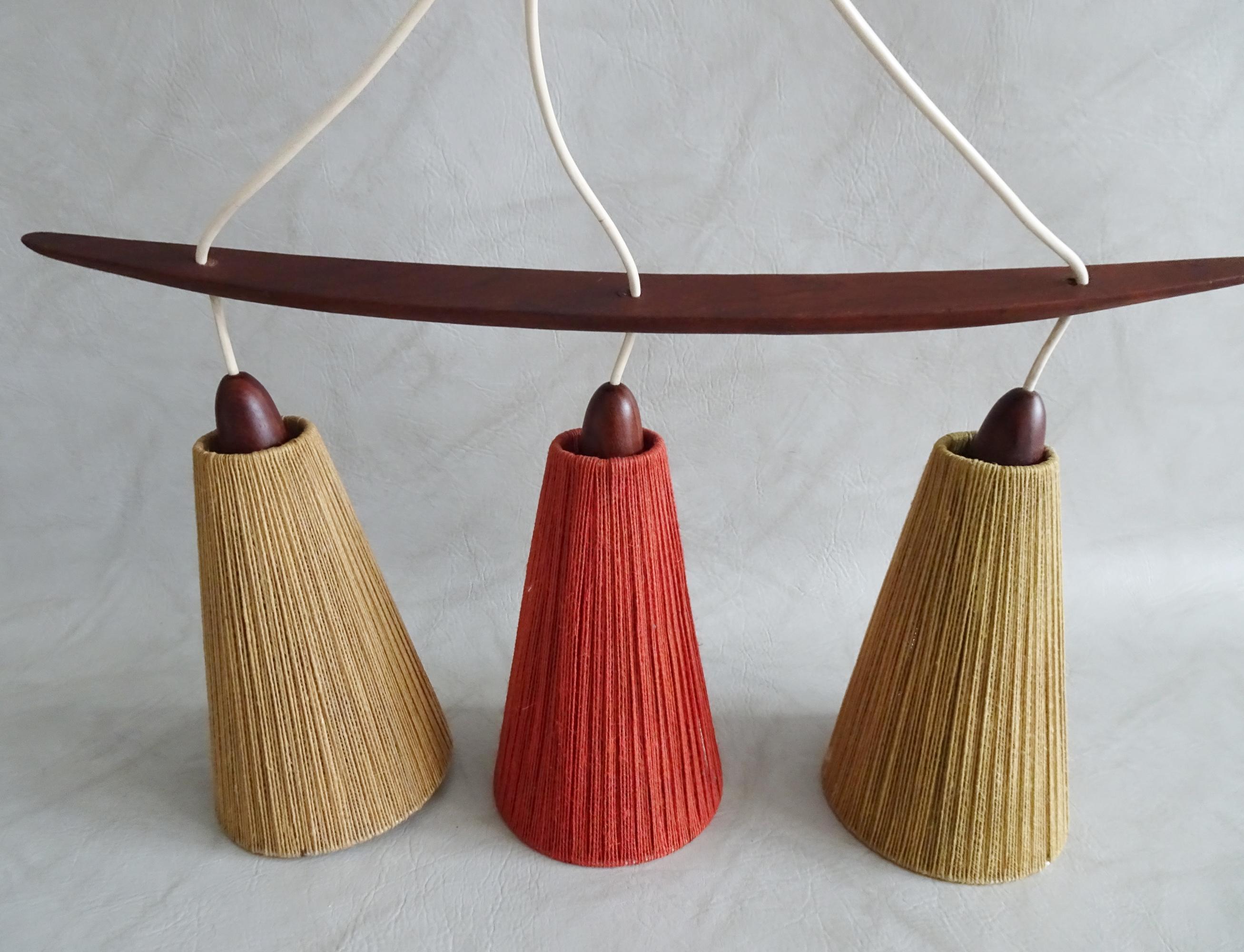 Mid-20th Century Midcentury Teak and Cord Shade Chandelier by Temde, Germany, 1960 For Sale