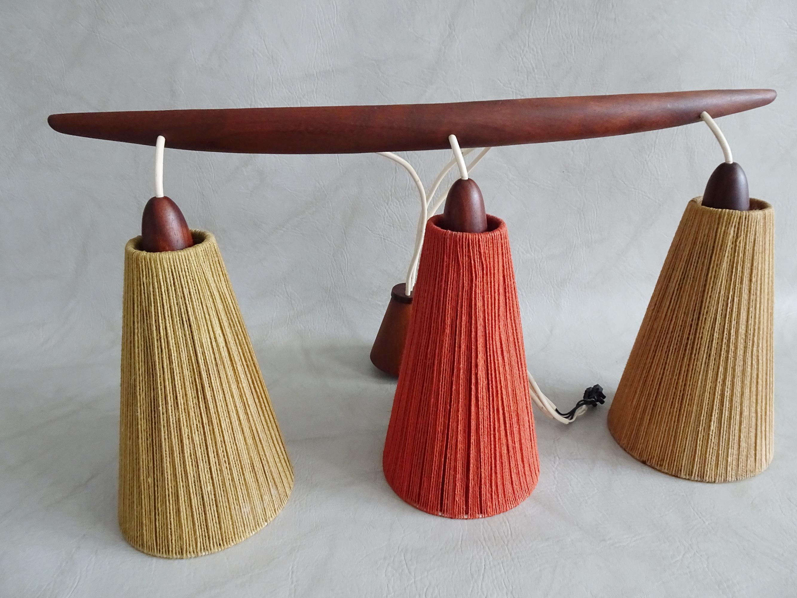 Midcentury Teak and Cord Shade Chandelier by Temde, Germany, 1960 For Sale 1