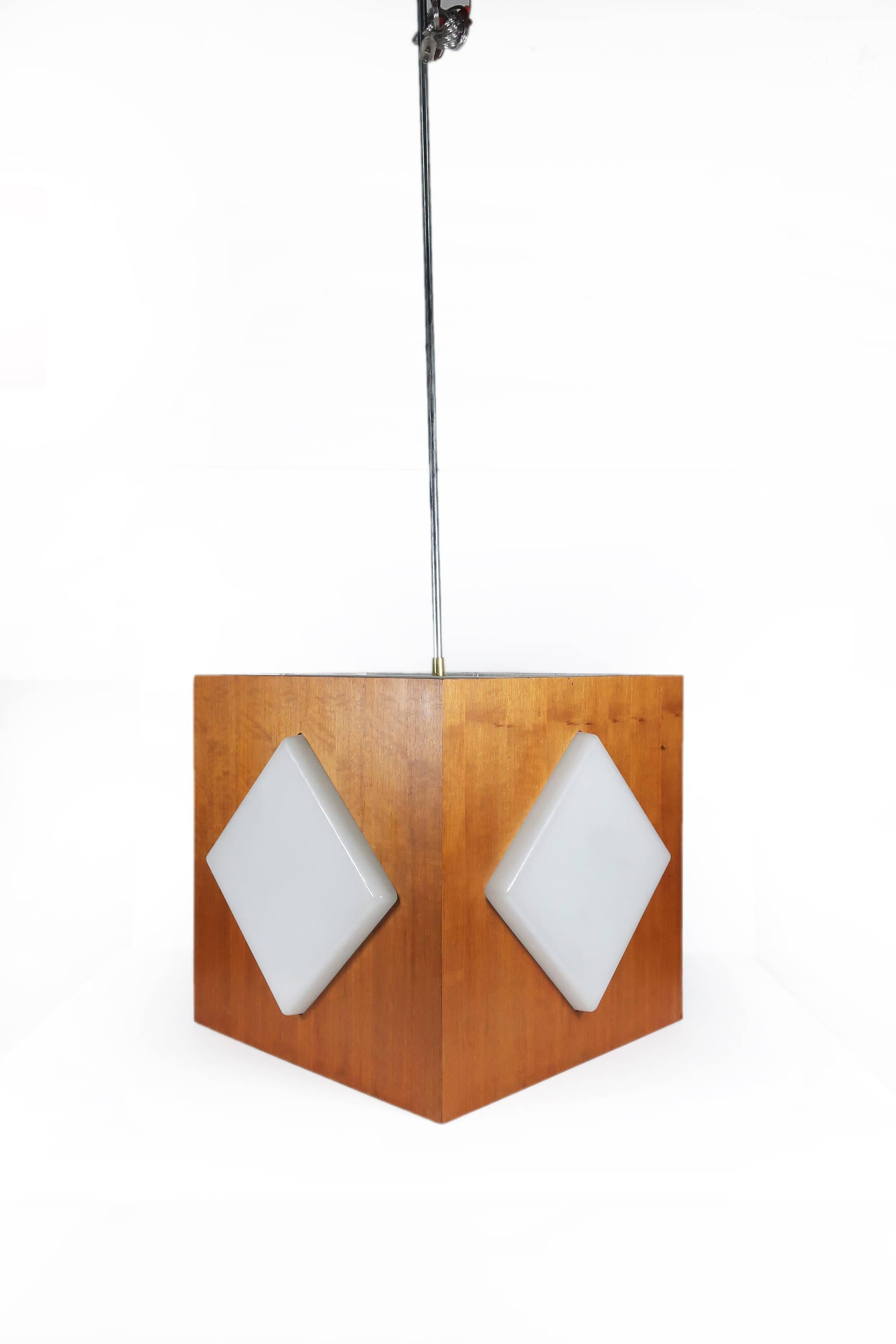 Unknown Midcentury Teak and Frosted Glass Pendant Light
