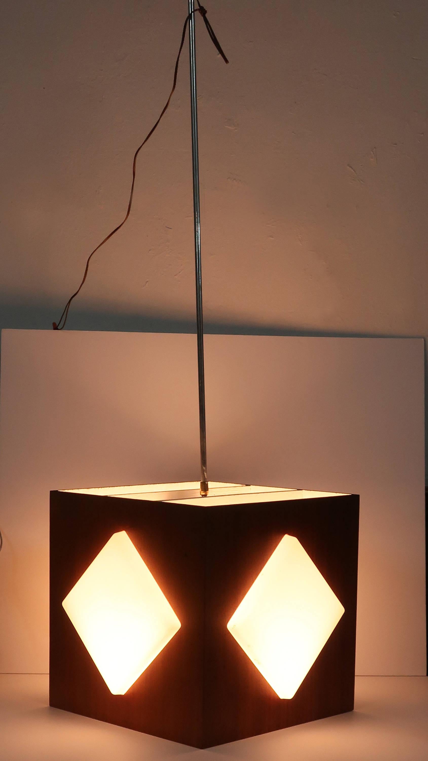 Midcentury Teak and Frosted Glass Pendant Light In Good Condition In Brooklyn, NY