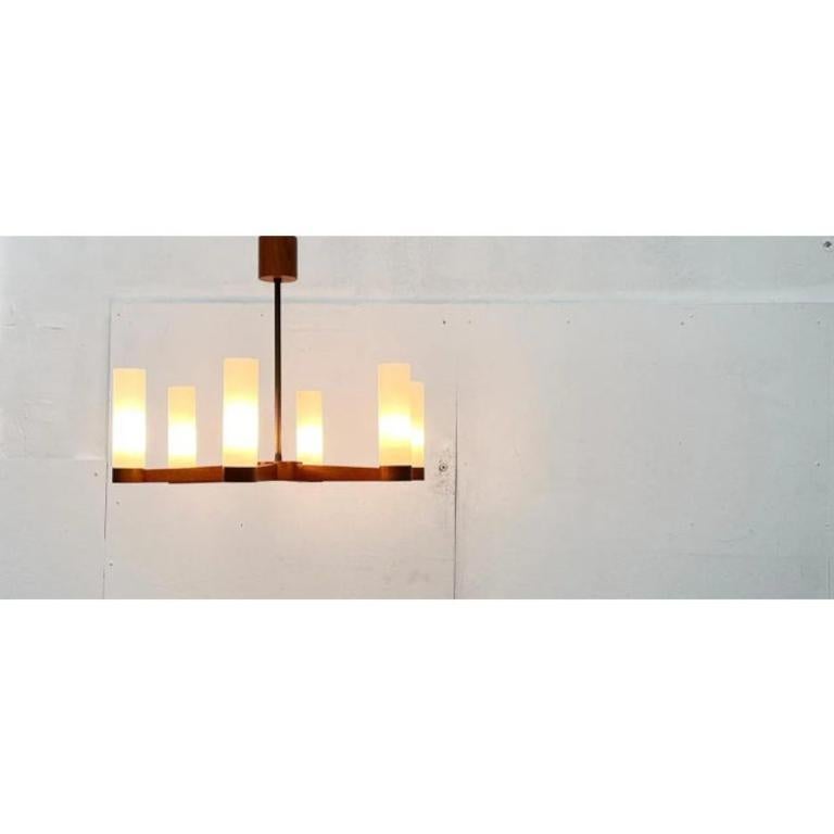 Mid-Century moderno Lampada a soffitto a sospensione in teak e vetro di metà secolo, anni '60 in vendita
