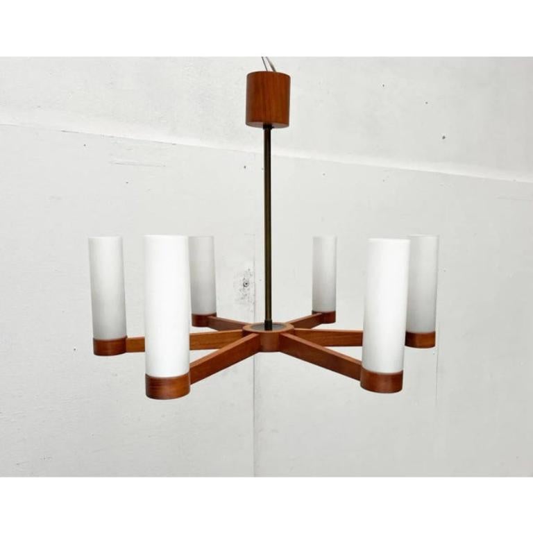 Ottone Lampada a soffitto a sospensione in teak e vetro di metà secolo, anni '60 in vendita