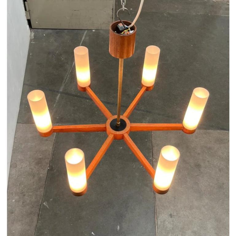 Lampada a soffitto a sospensione in teak e vetro di metà secolo, anni '60 in vendita 1