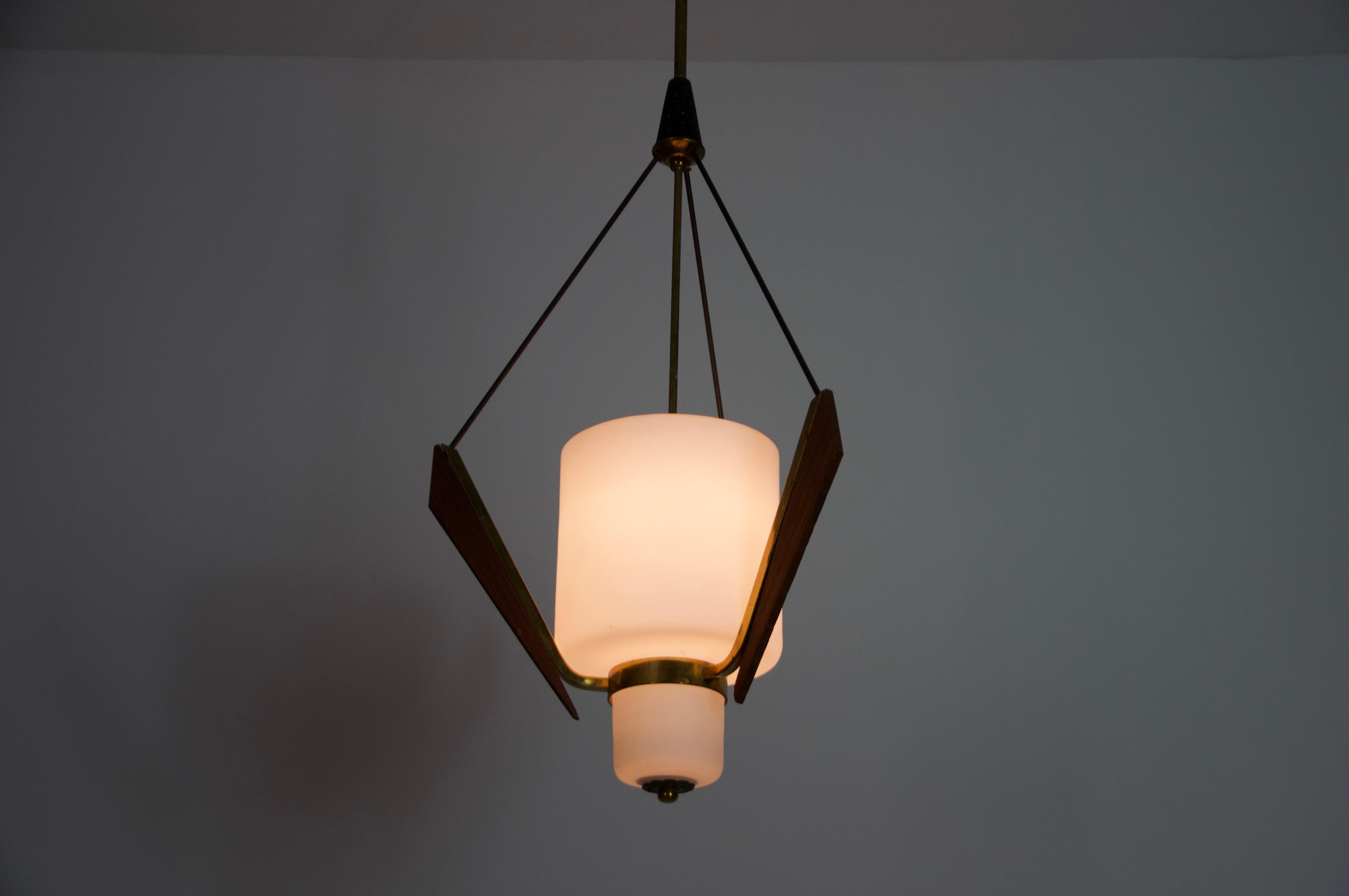Metà XX secolo Lampada da soffitto di metà secolo in teak e vetro opalino, Italia, anni '60 in vendita