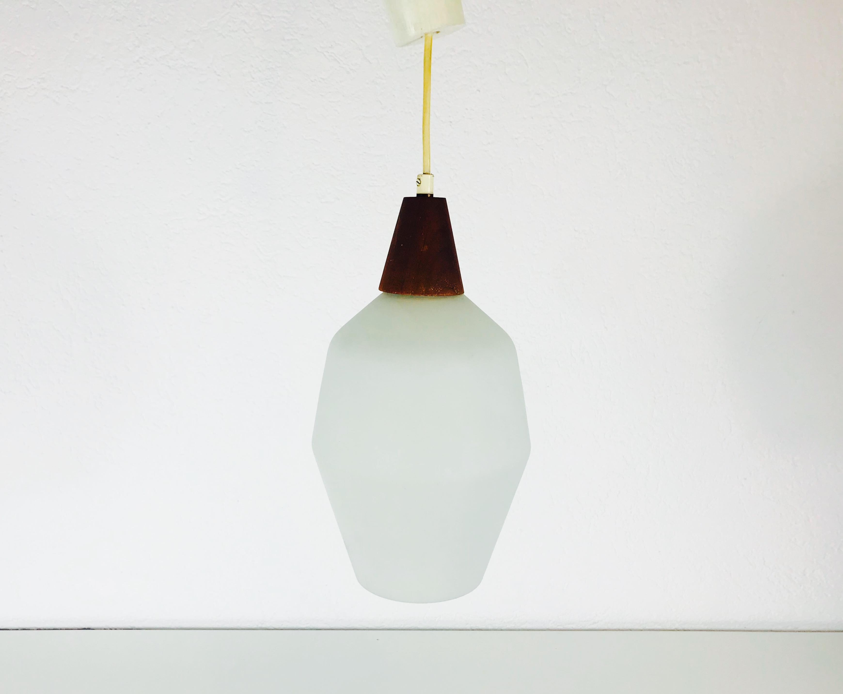 Mid-Century Modern Midcentury Teak and Opaline Glass Pendant Lamp, 1960s