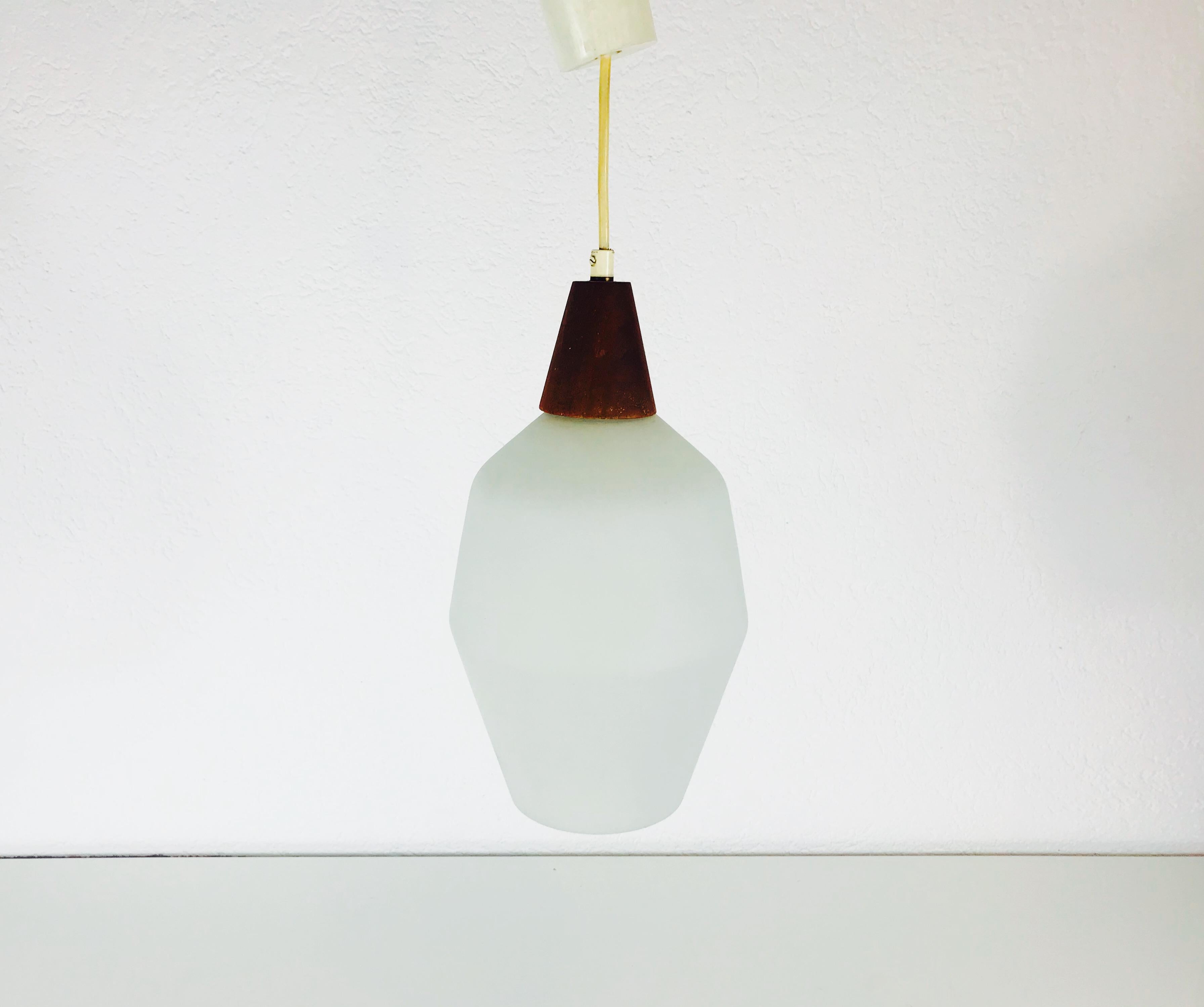 Mid-20th Century Midcentury Teak and Opaline Glass Pendant Lamp, 1960s