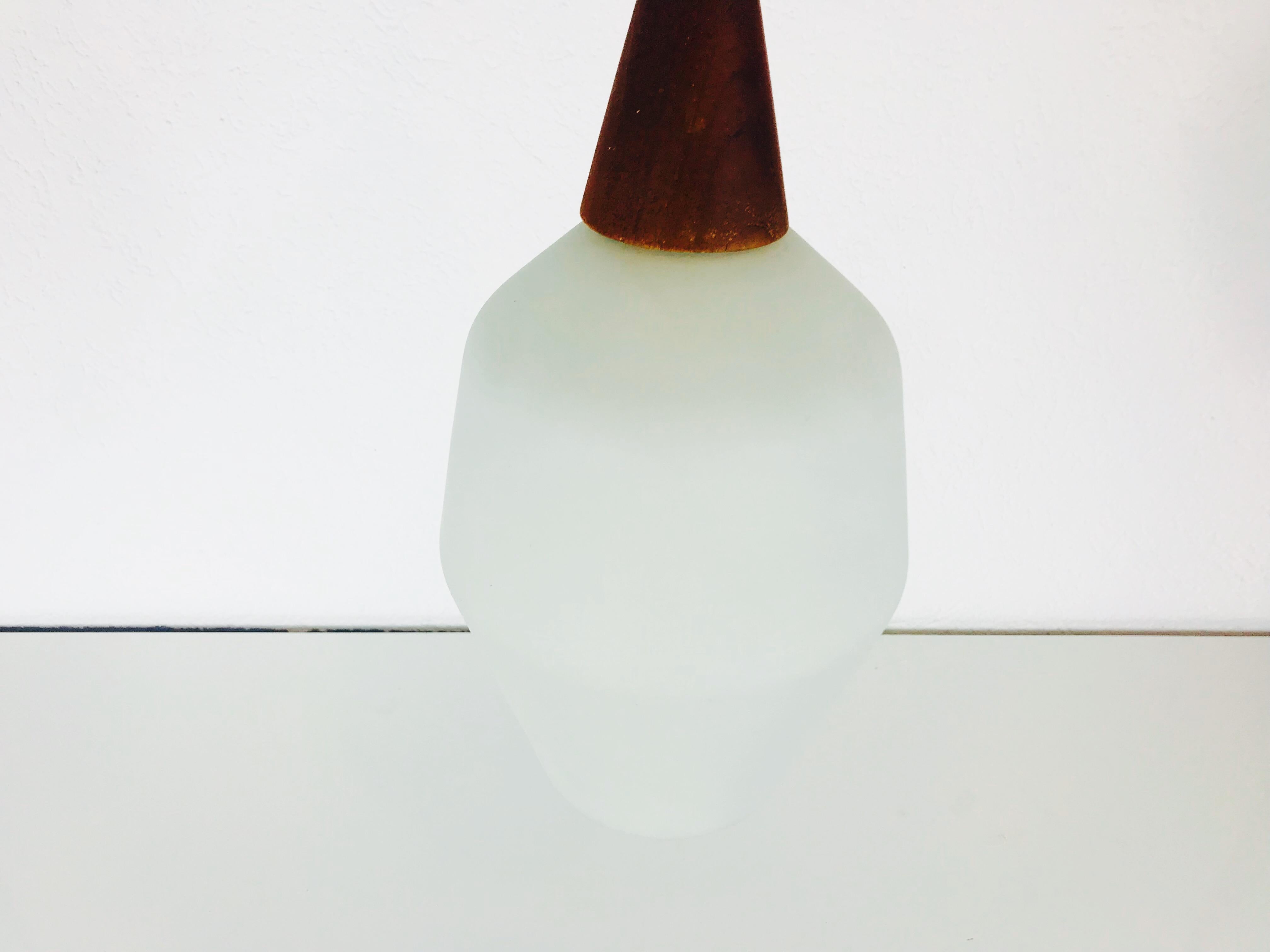 Midcentury Teak and Opaline Glass Pendant Lamp, 1960s 1