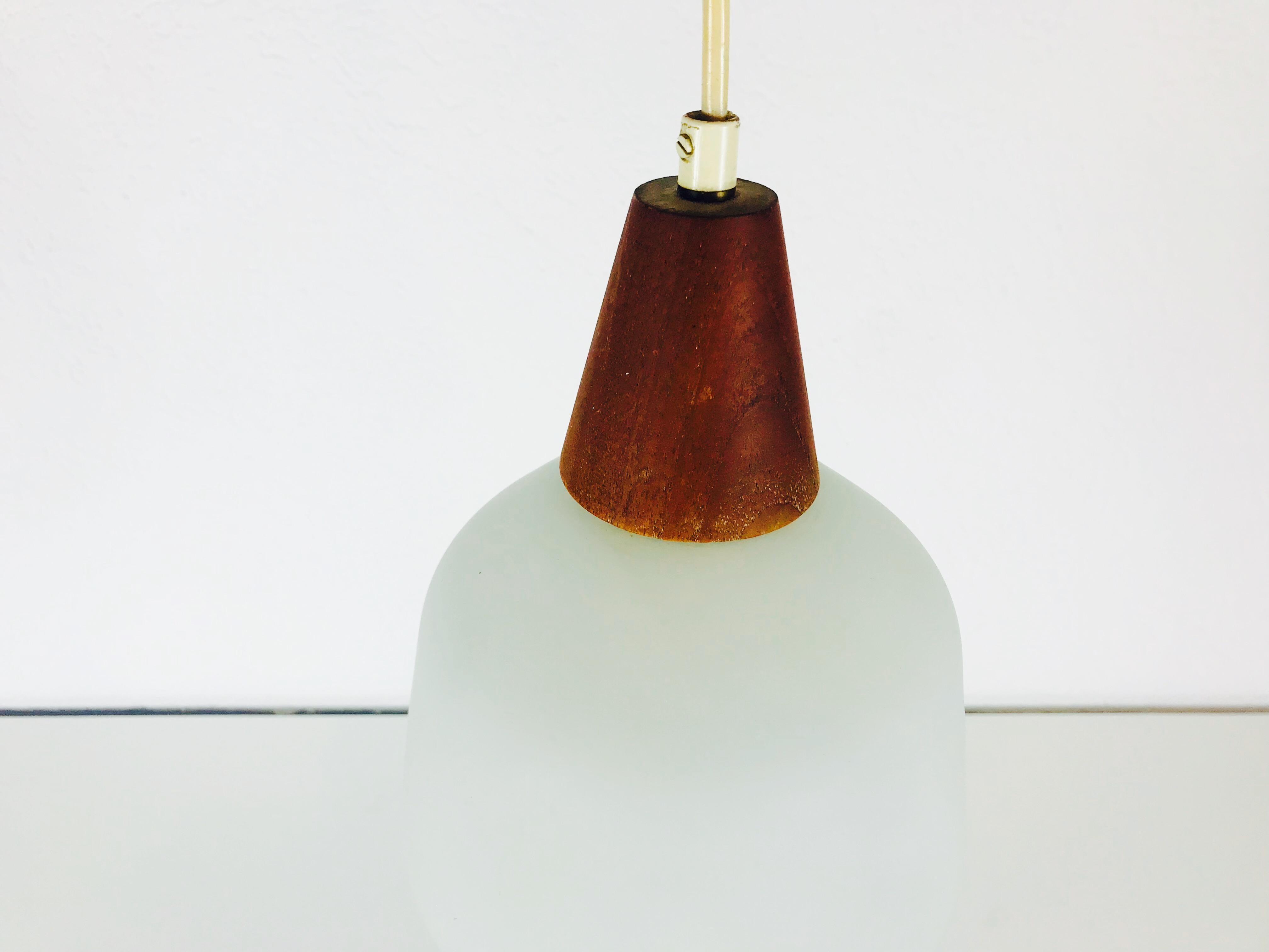 Midcentury Teak and Opaline Glass Pendant Lamp, 1960s 2