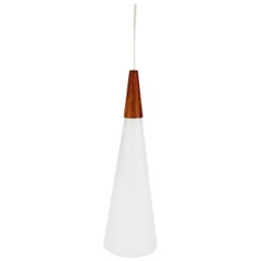 Midcentury Teak and Opaline Glass Pendant Lamp by Fog and Morup, 1960s, Denmark