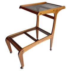 Mid Century Teak and smoked glass drinks trolley side table, Cesare Lacca style