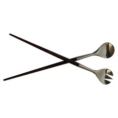 Midcentury Teak and Stainless Steel Tapered Salad Tong Servers