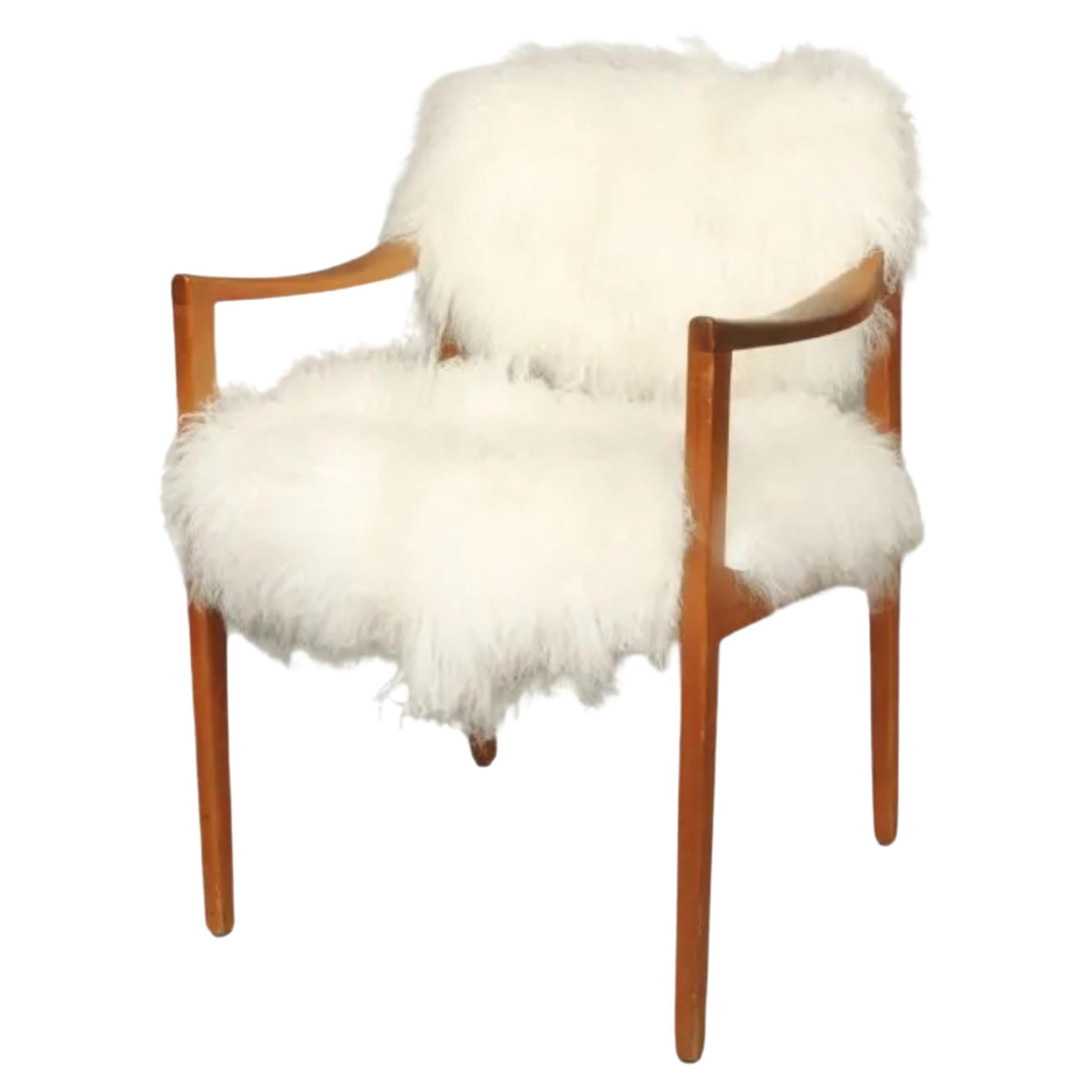 Mid-Century Teak Arm Chair With Mongolian Fur